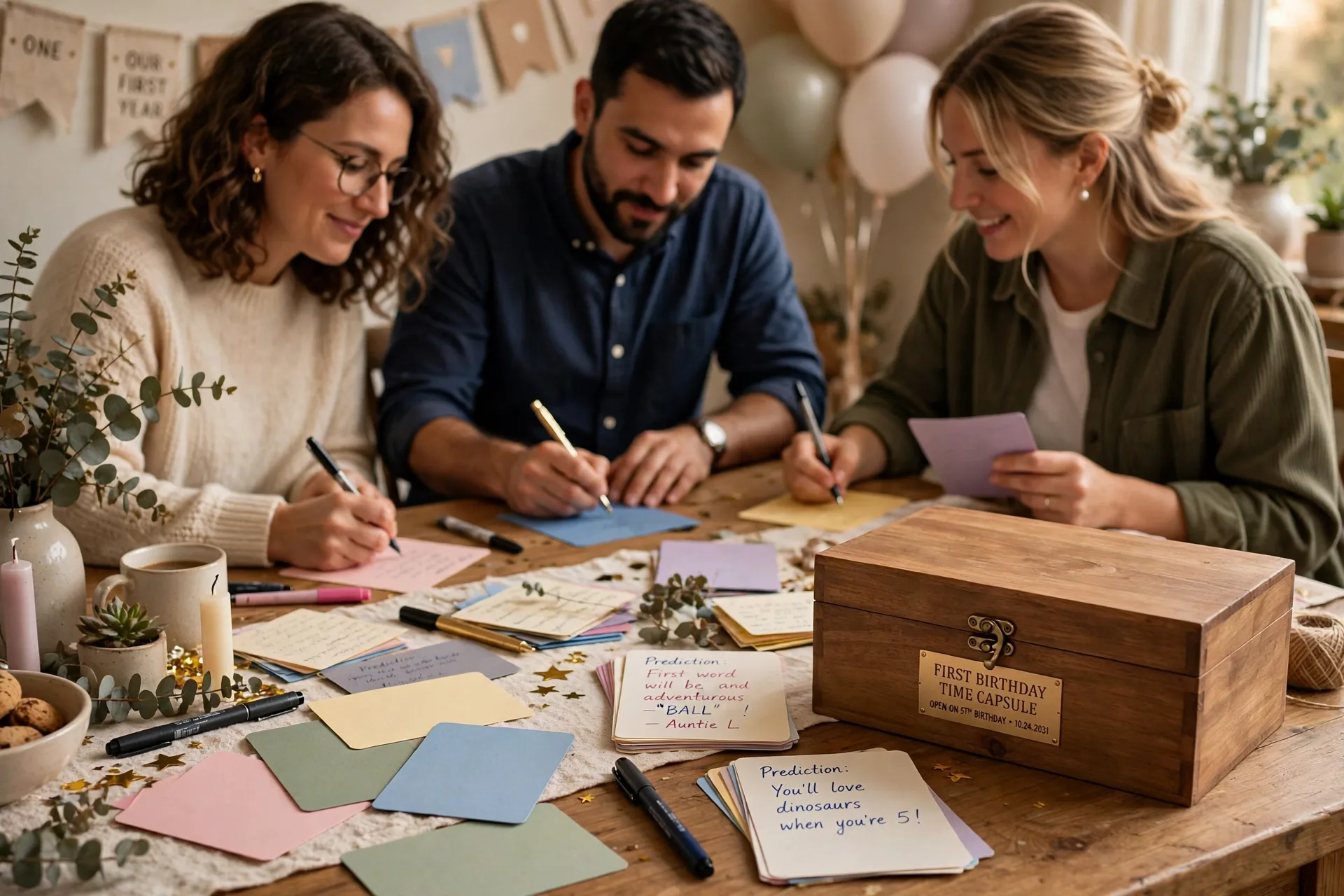 Party guests writing notes for a first birthday time capsule
