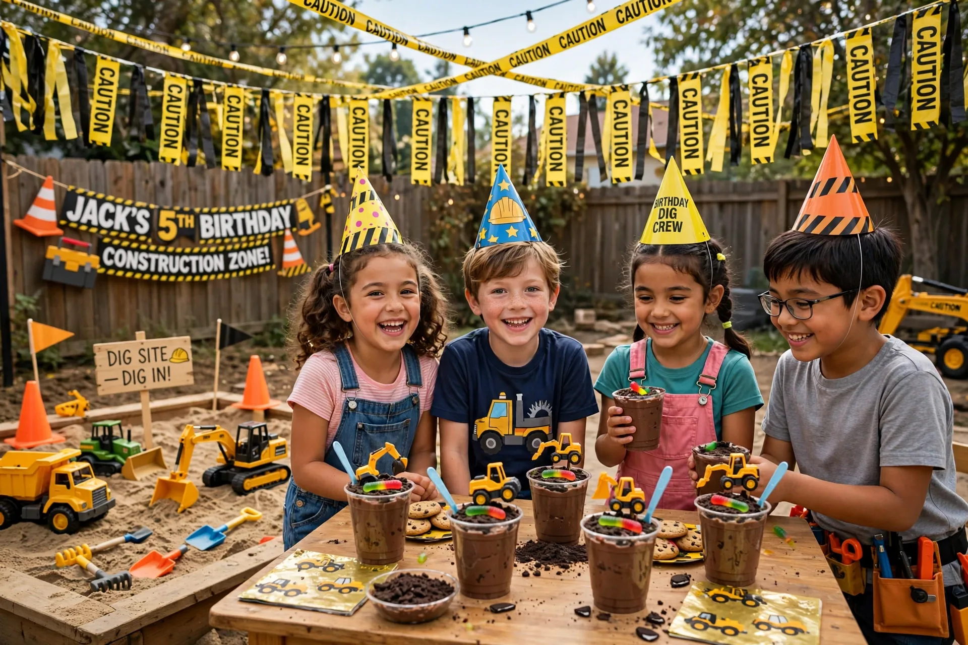 A construction zone party with caution-tape streamers and toy trucks in a sandbox dig site