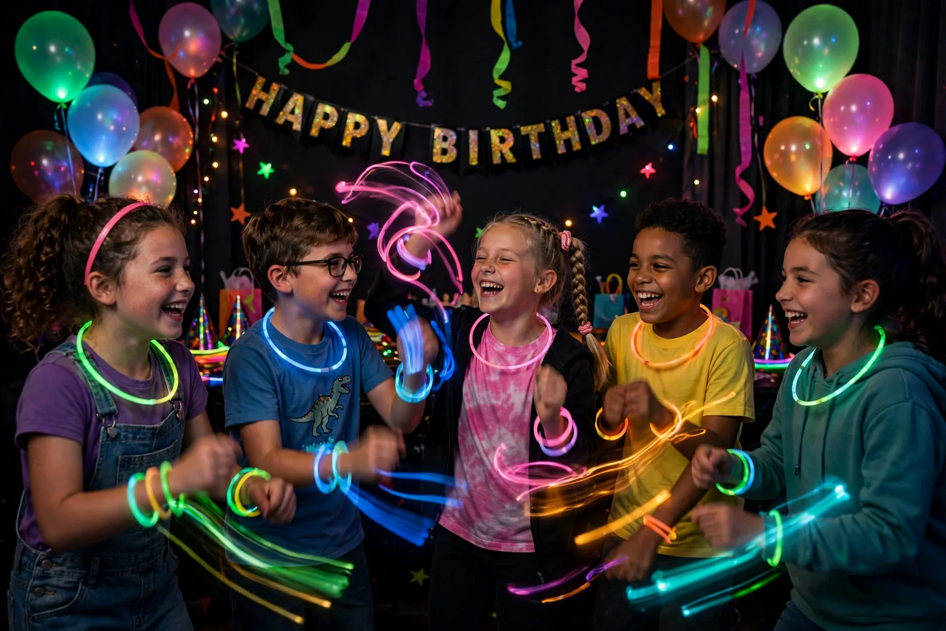 Kids dancing with glow stick necklaces at a glow dance party