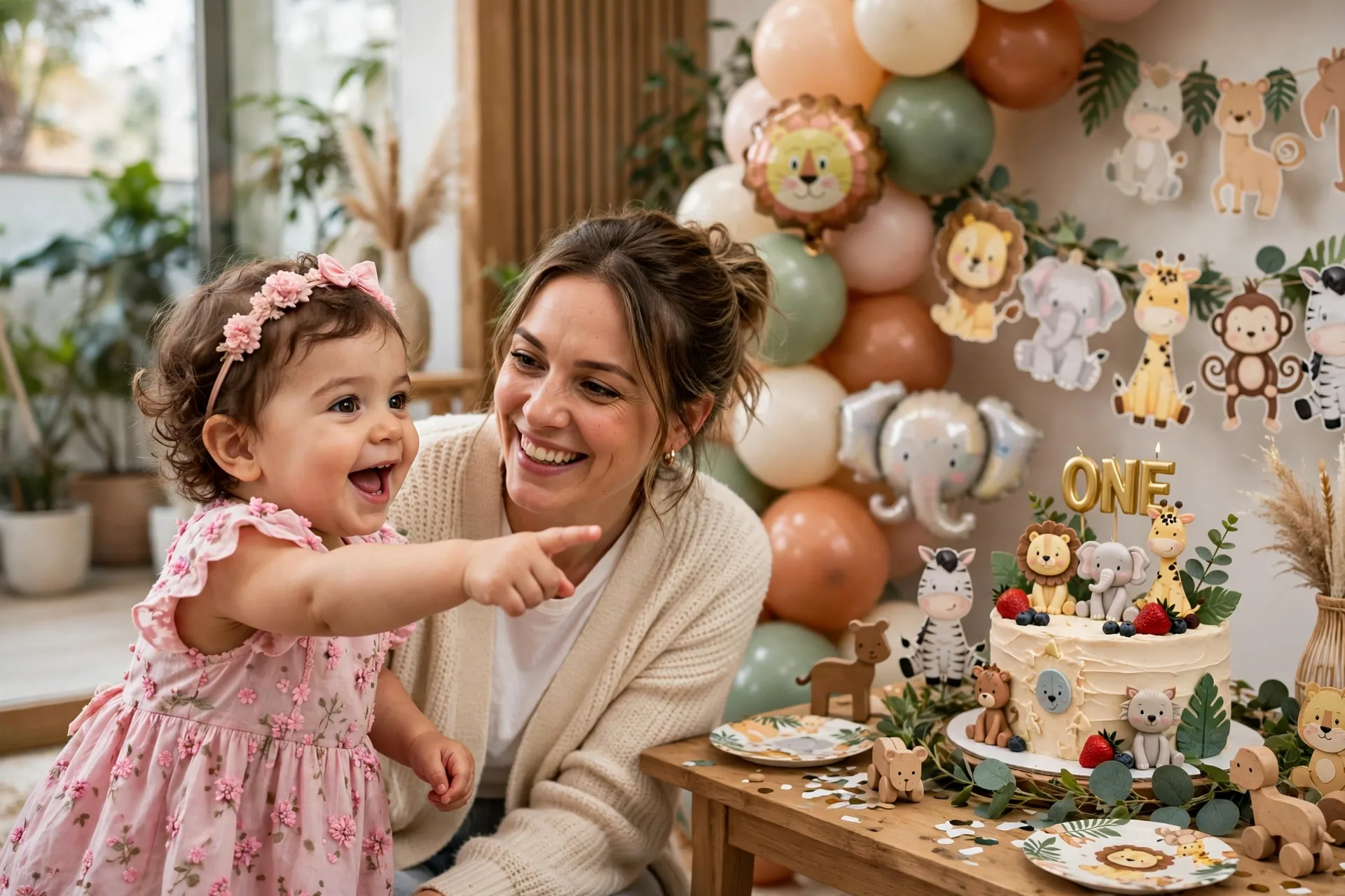 A one-year-old pointing at her favorite animal birthday decorations