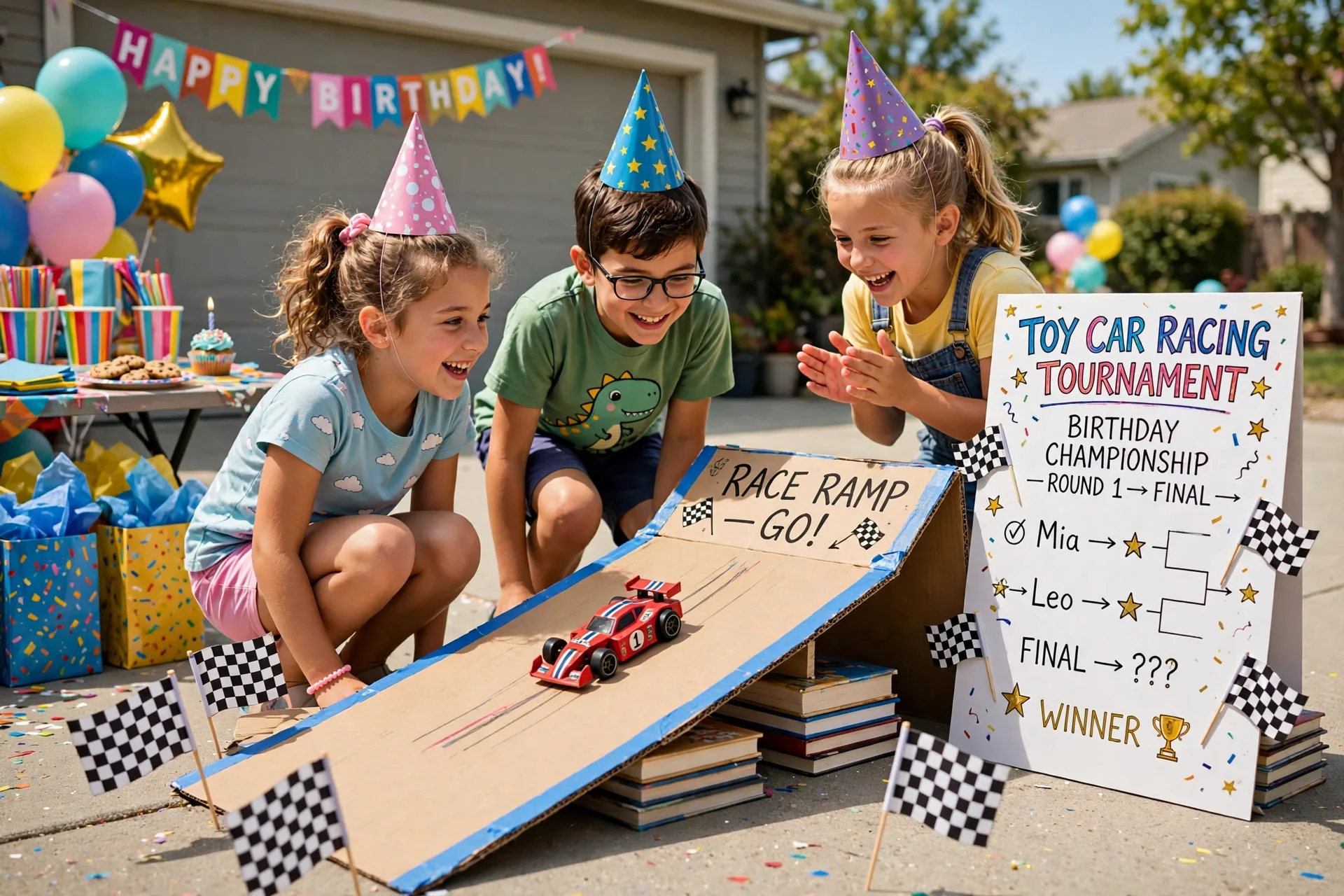 Kids racing toy cars down a cardboard ramp at a Hot Wheels party