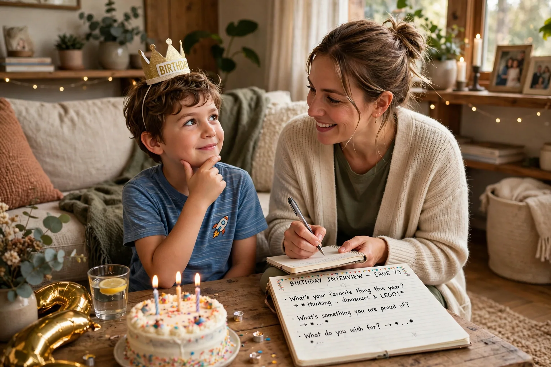 A mom asking her birthday child interview questions and writing the answers down