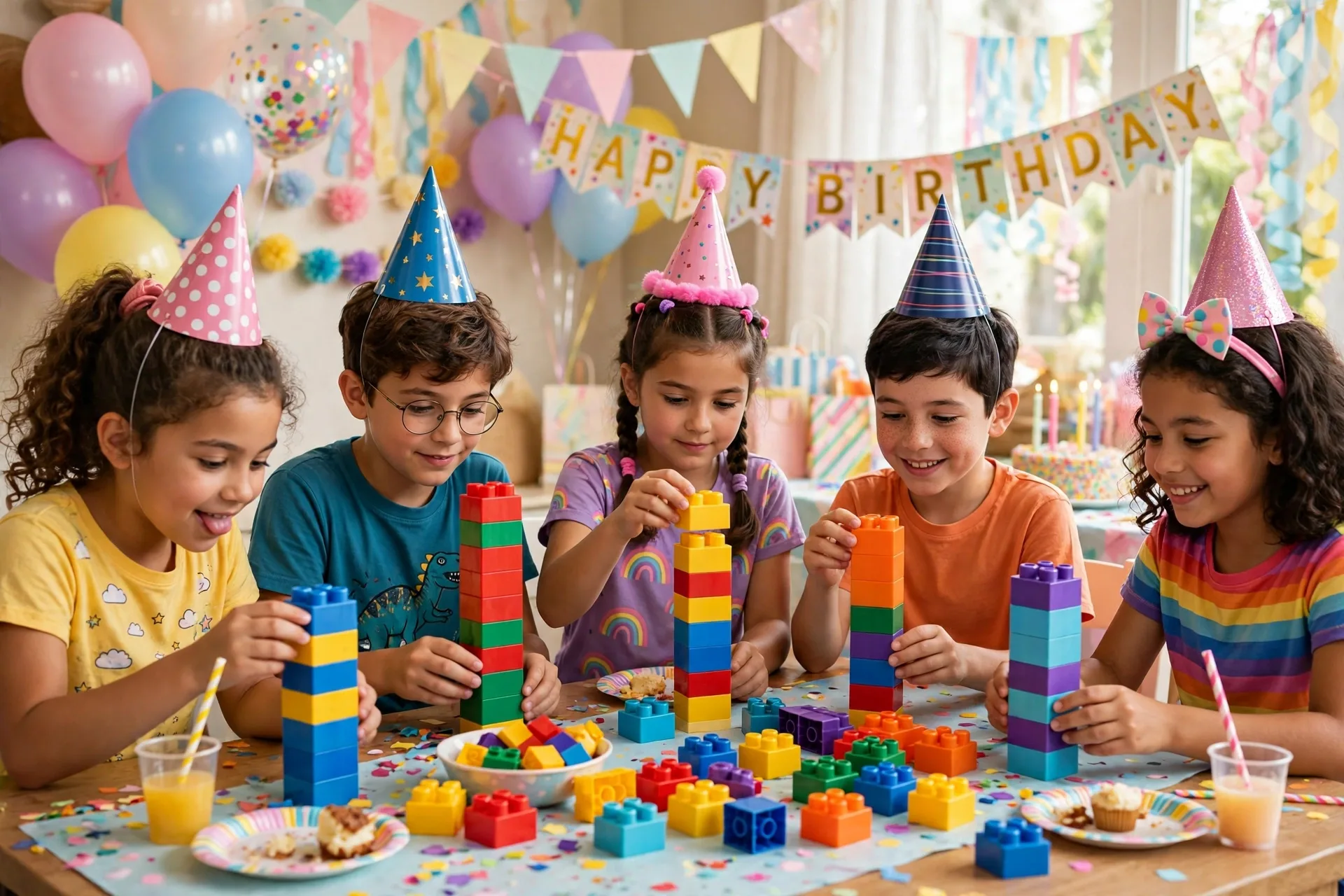 Kids building tall towers from colorful bricks at a LEGO party table
