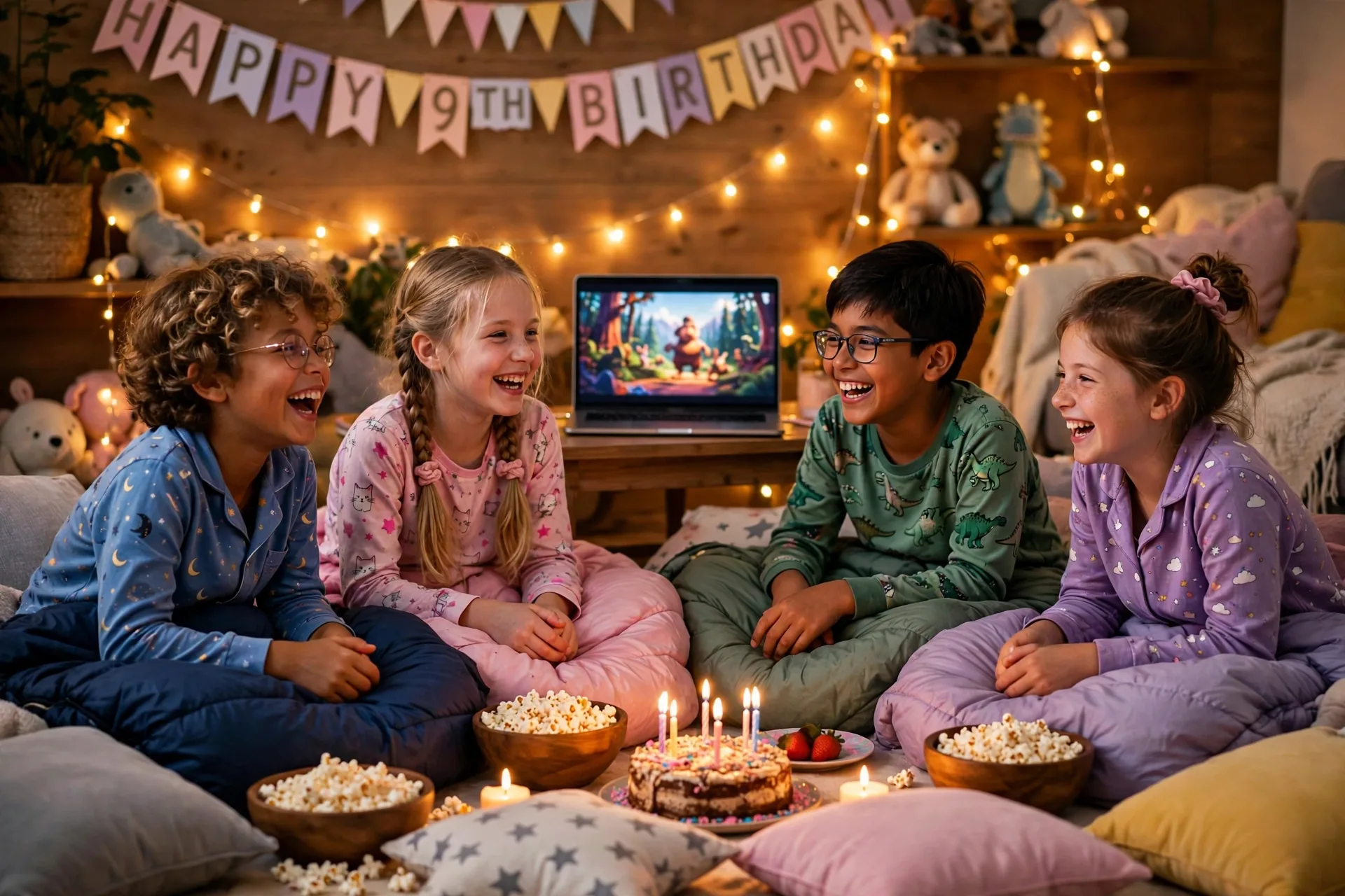 Kids in pajamas at a mini sleepover with popcorn and fairy lights
