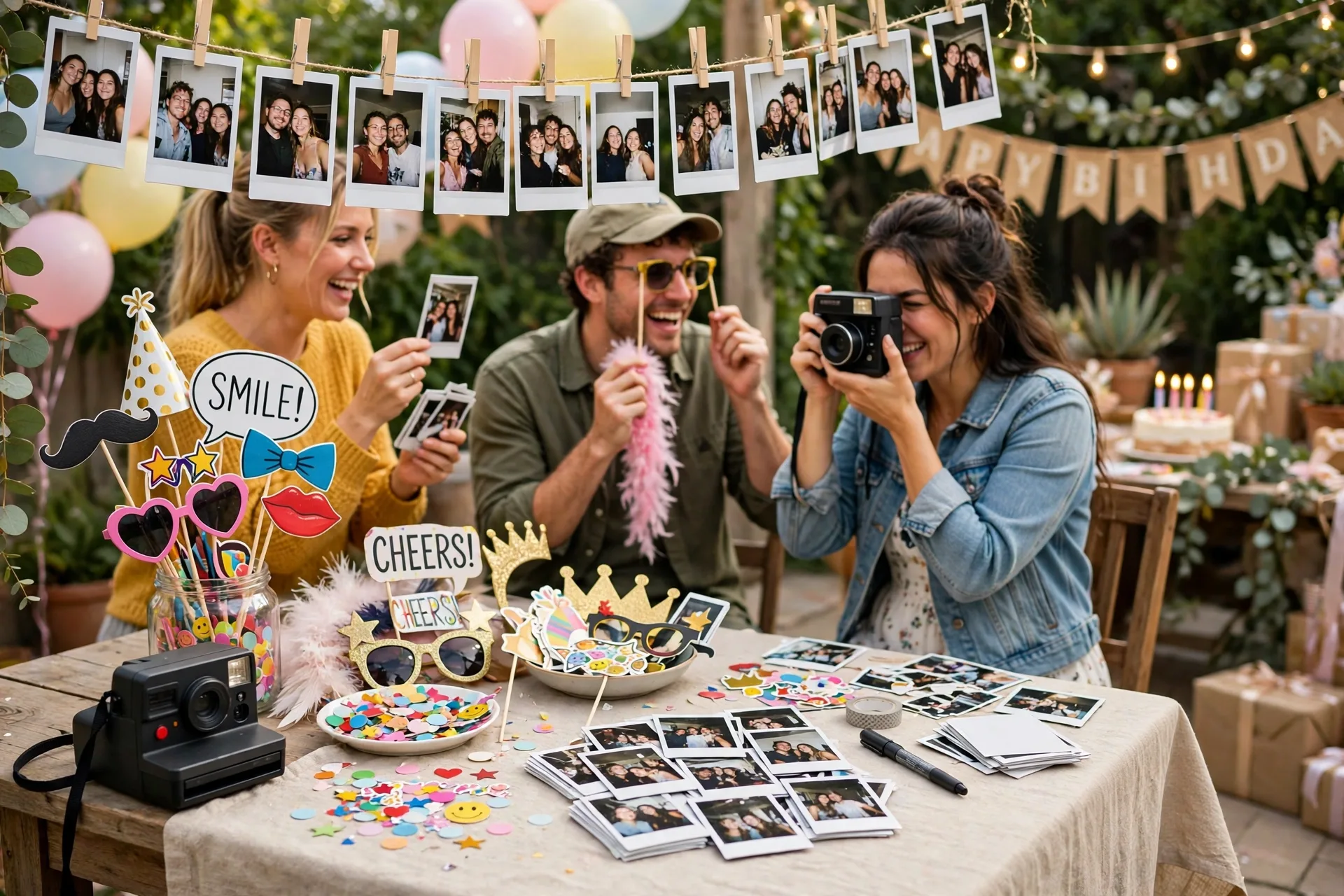 An instant photo station with an instant camera and props on a party table