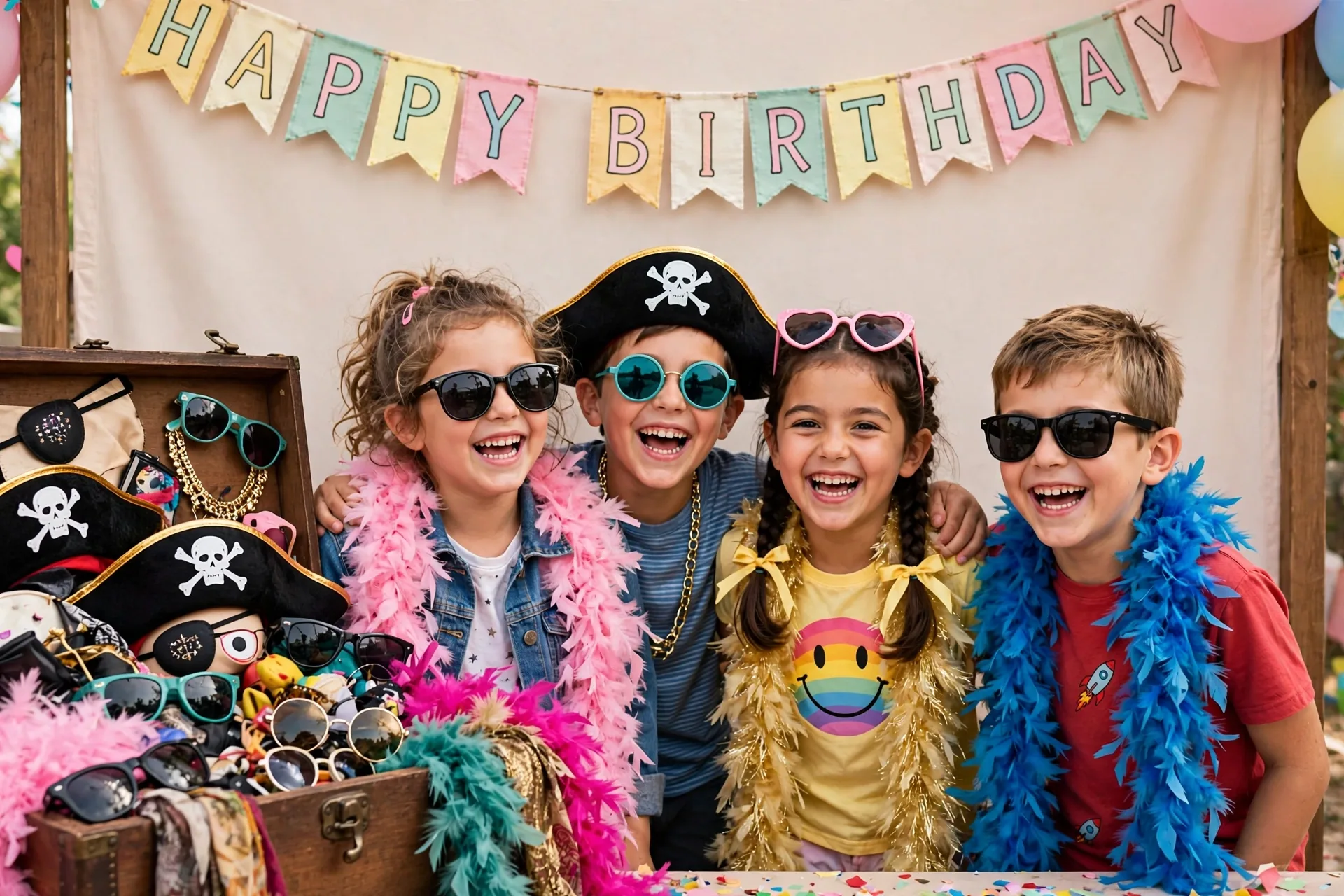 Kids in a dress-up photo booth with a costume trunk and props