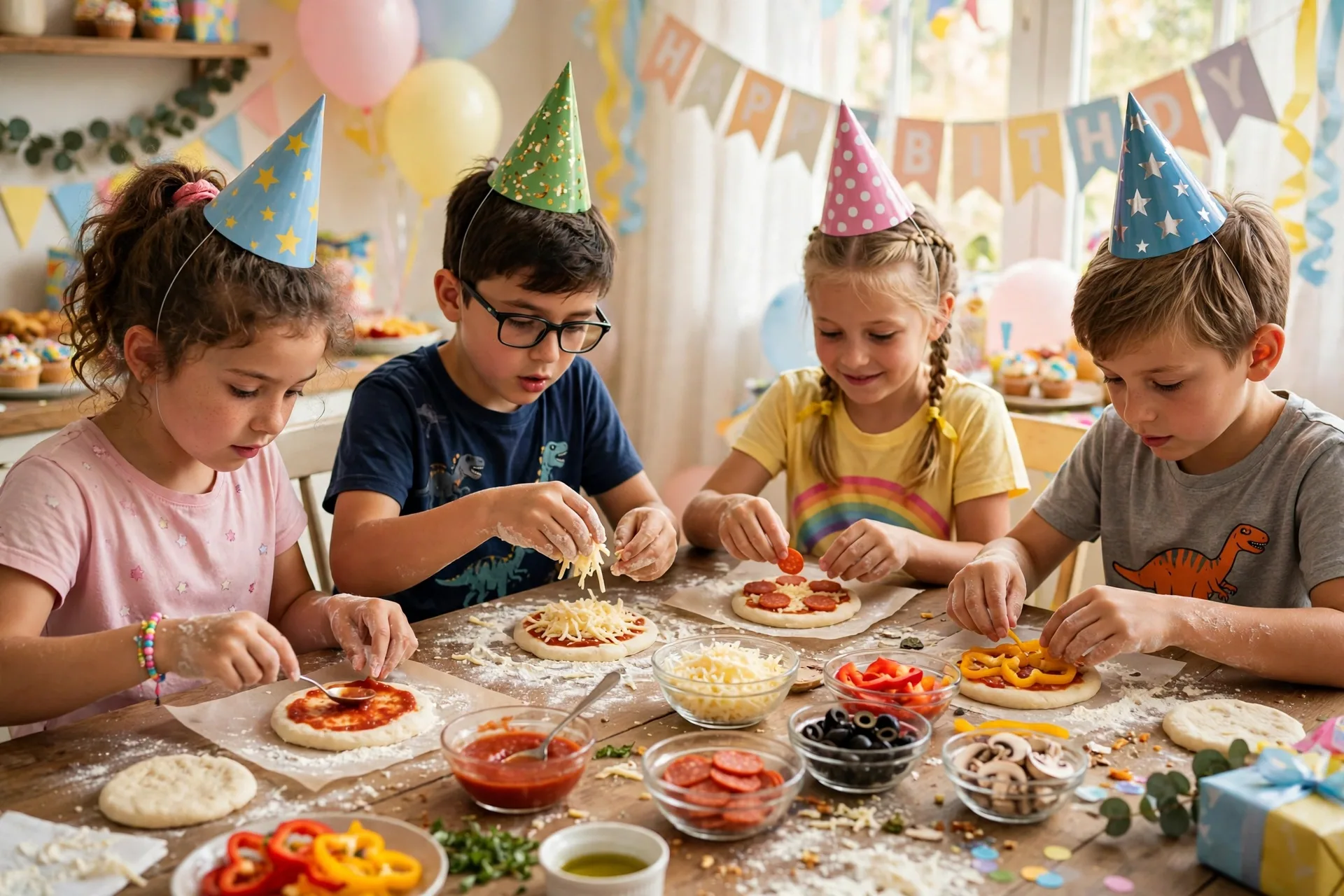 Kids building their own mini pizzas at a party table