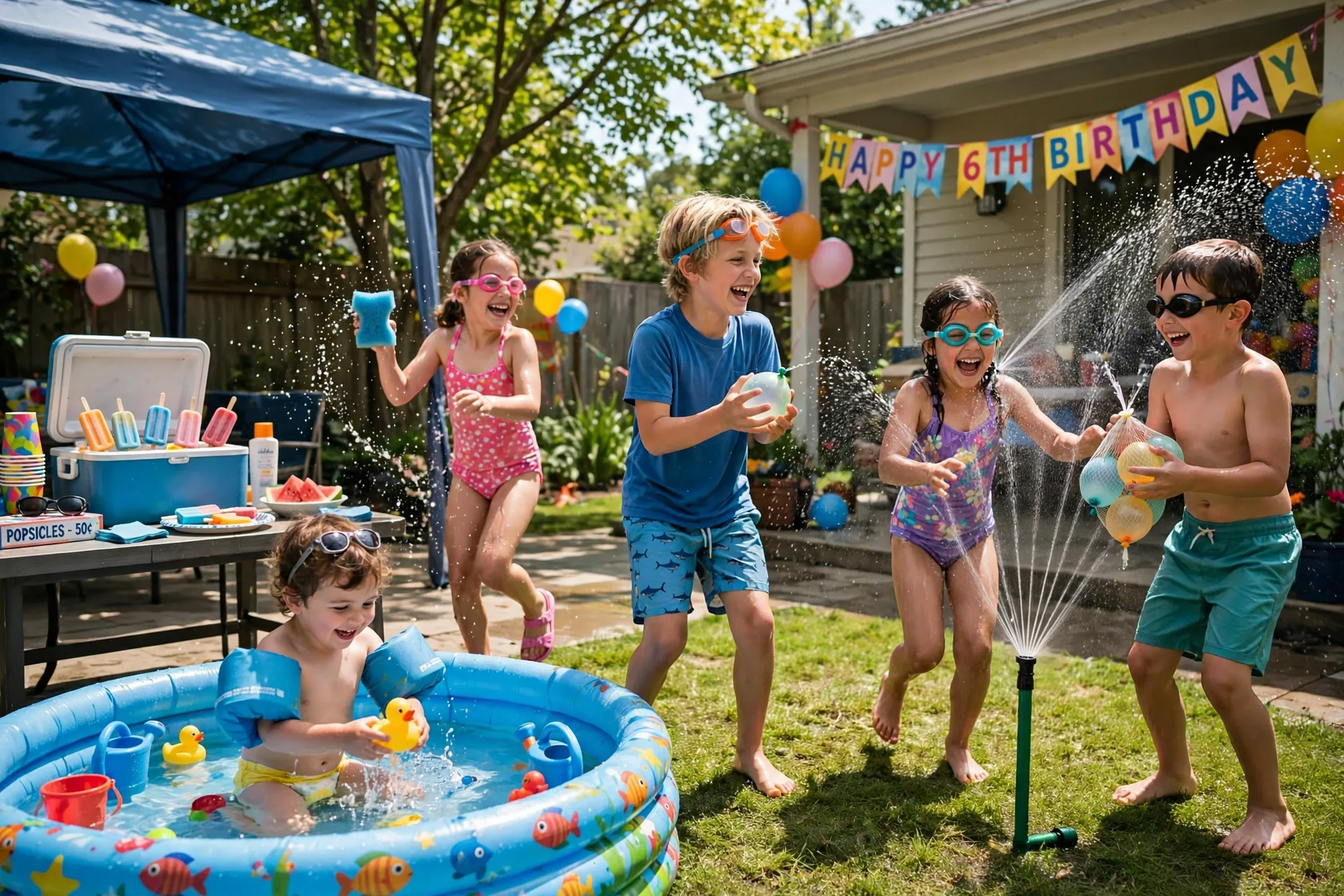 Kids playing with sprinklers and water balloons at a pool party