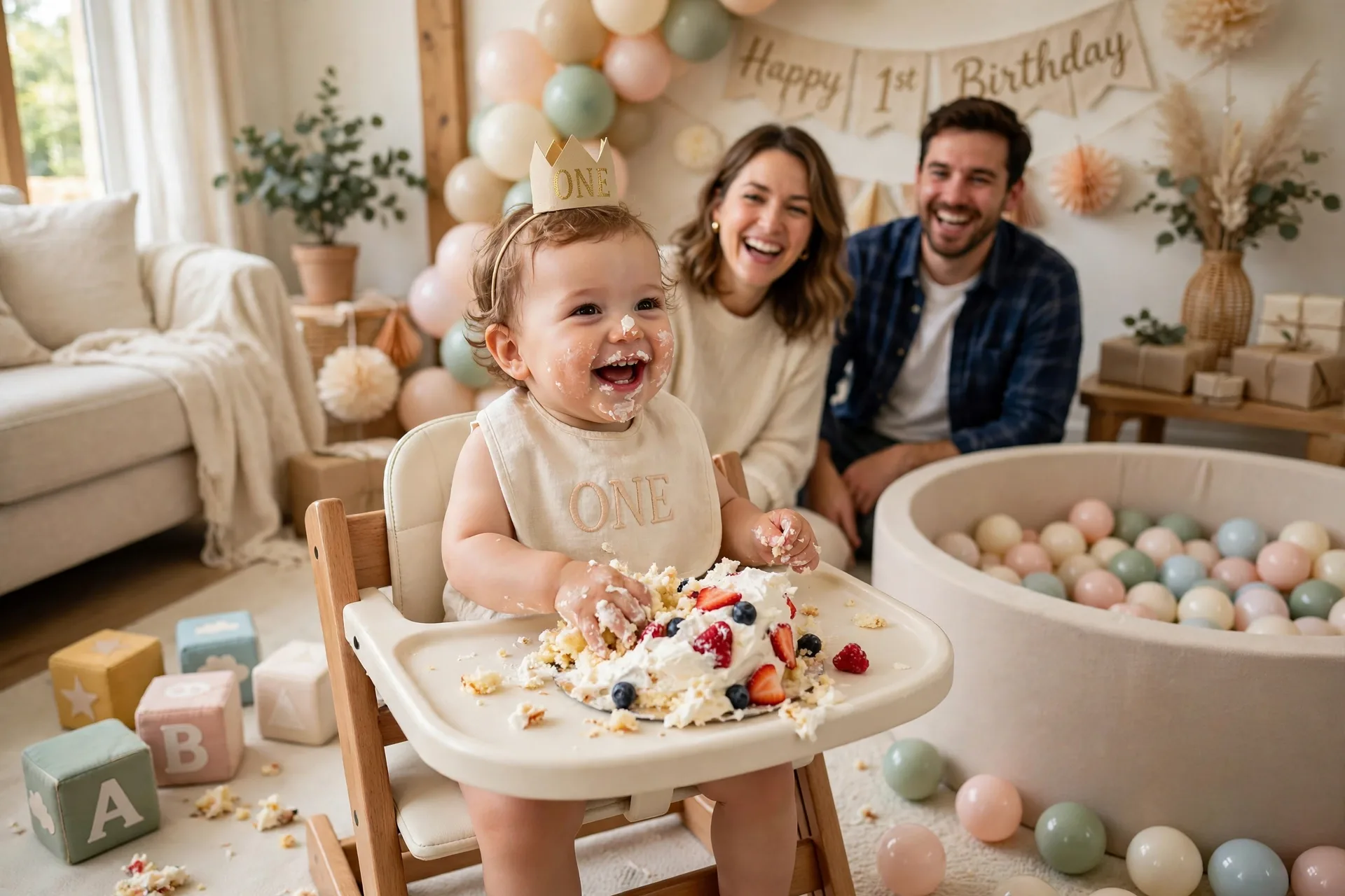 A baby smashing a small first birthday cake with sensory play nearby