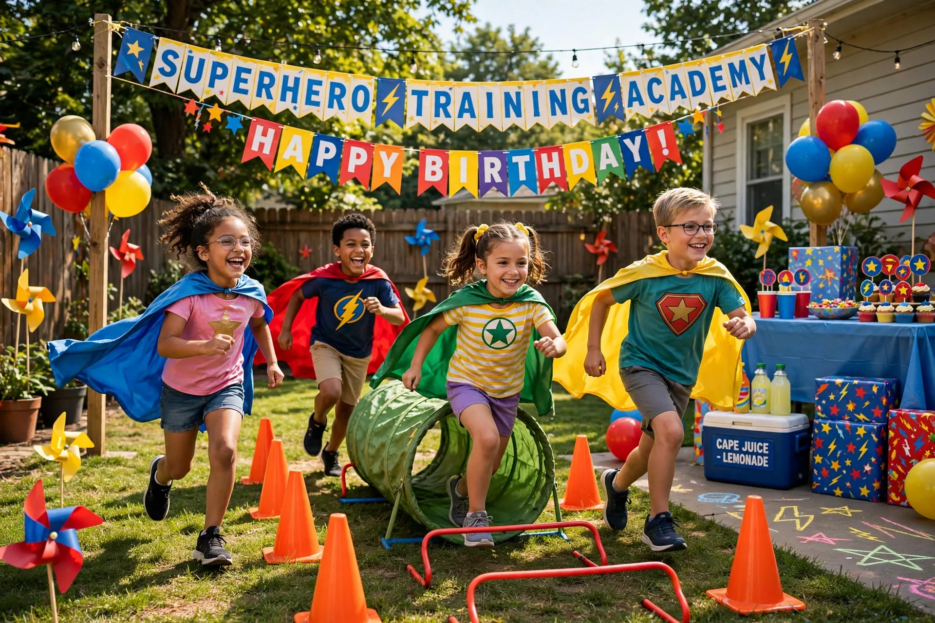 Kids in superhero capes running a backyard obstacle course
