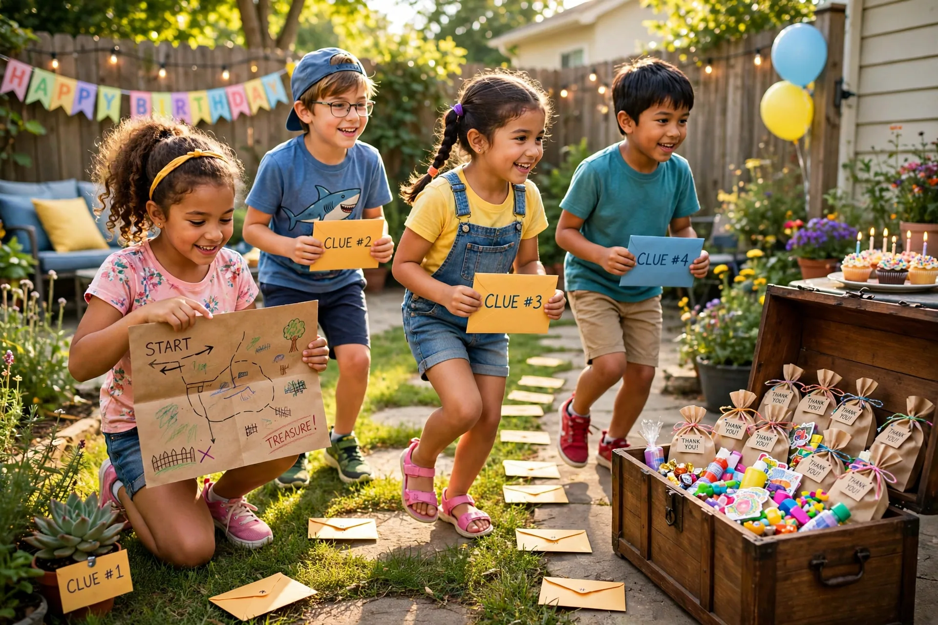 Kids following clue envelopes on a treasure hunt in the backyard
