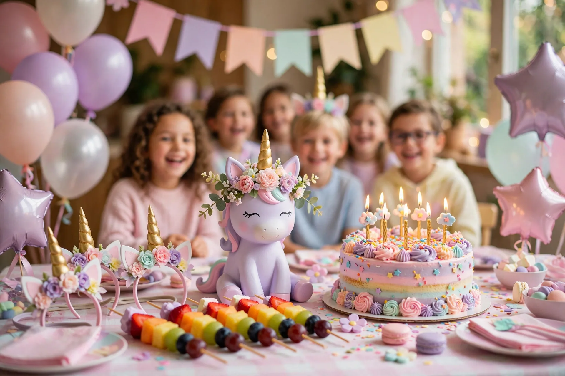 A pastel unicorn and rainbow birthday party table with rainbow fruit skewers