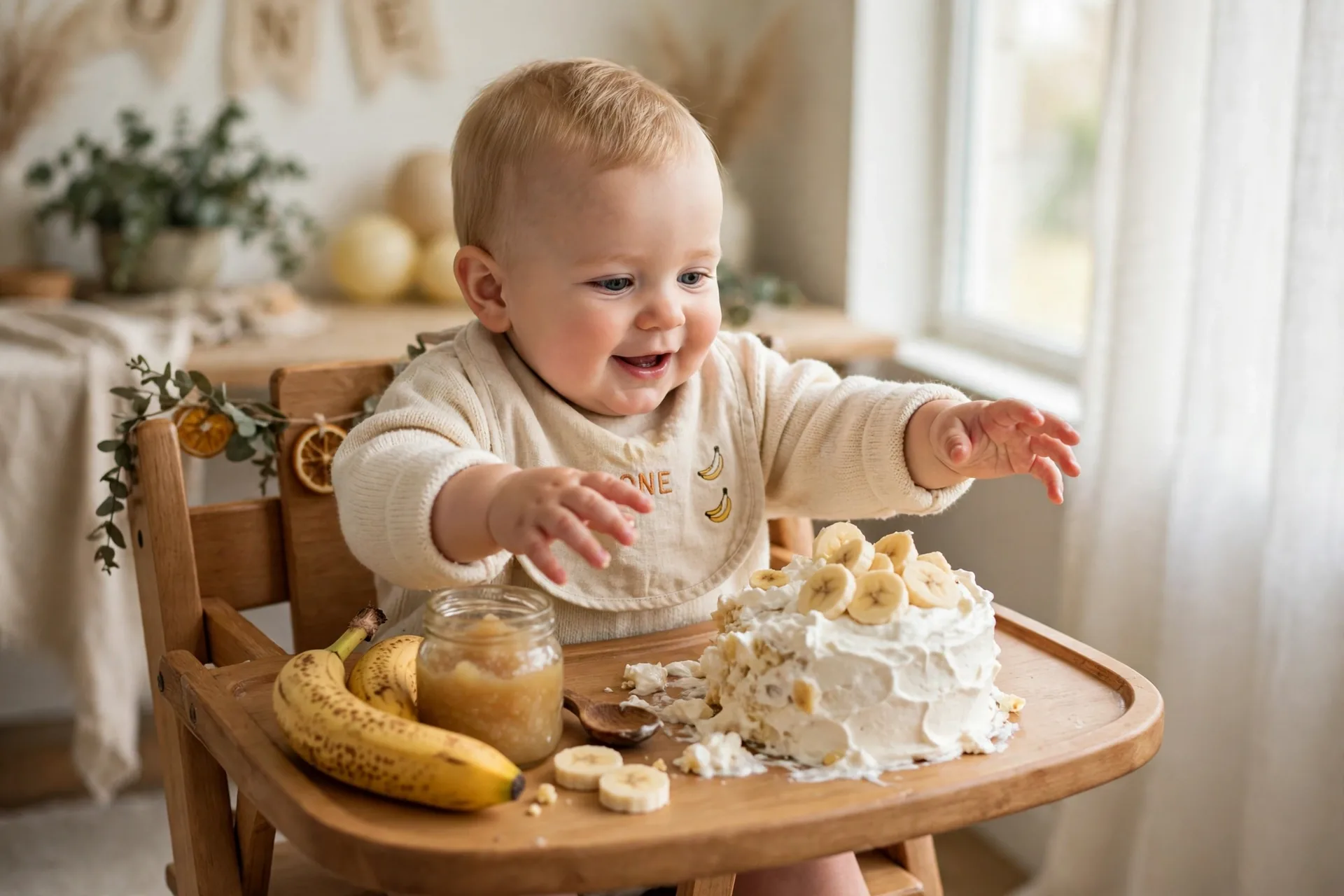 A small banana smash cake frosted with whipped cream