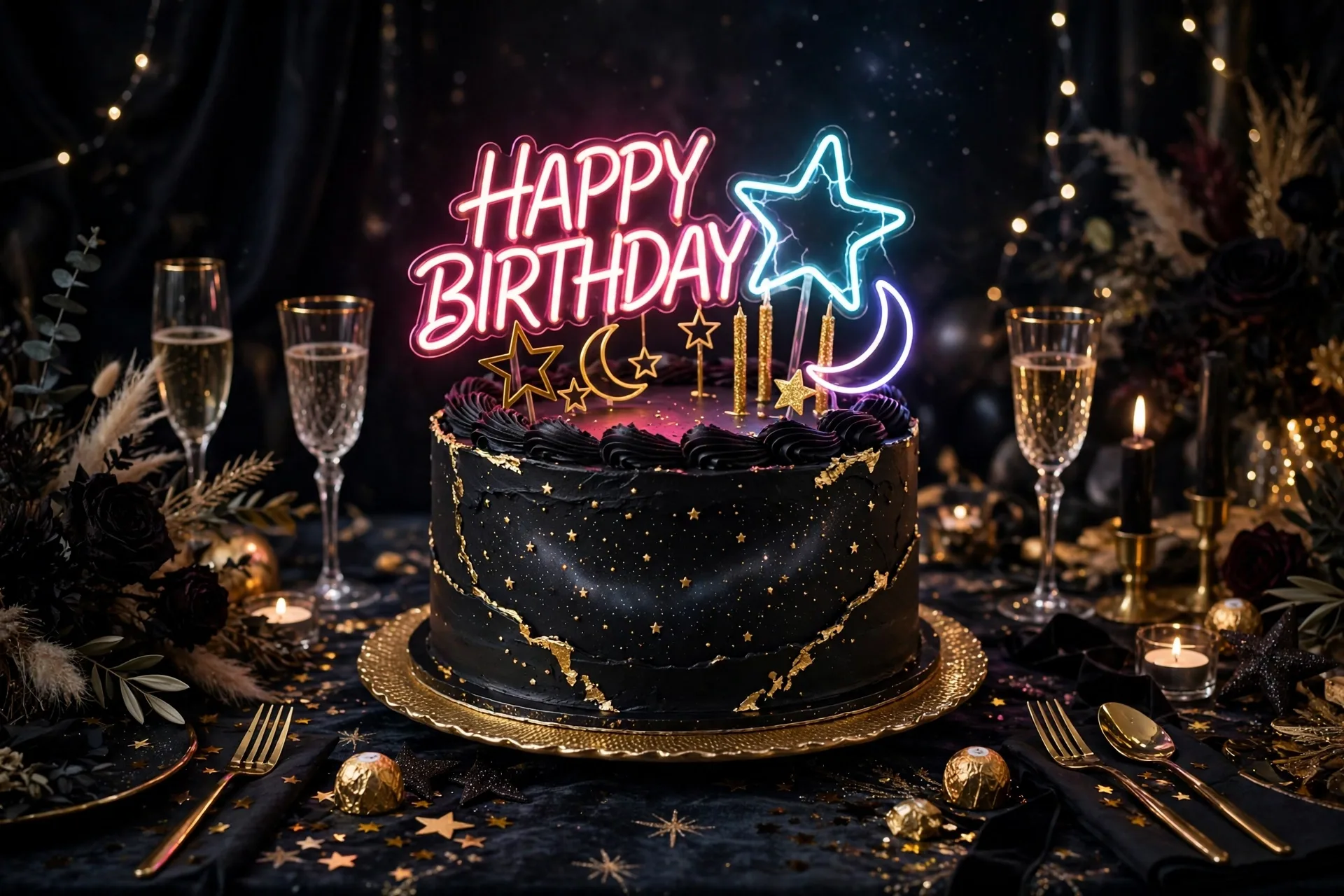 A black cocoa birthday cake with gold toppers and a star field