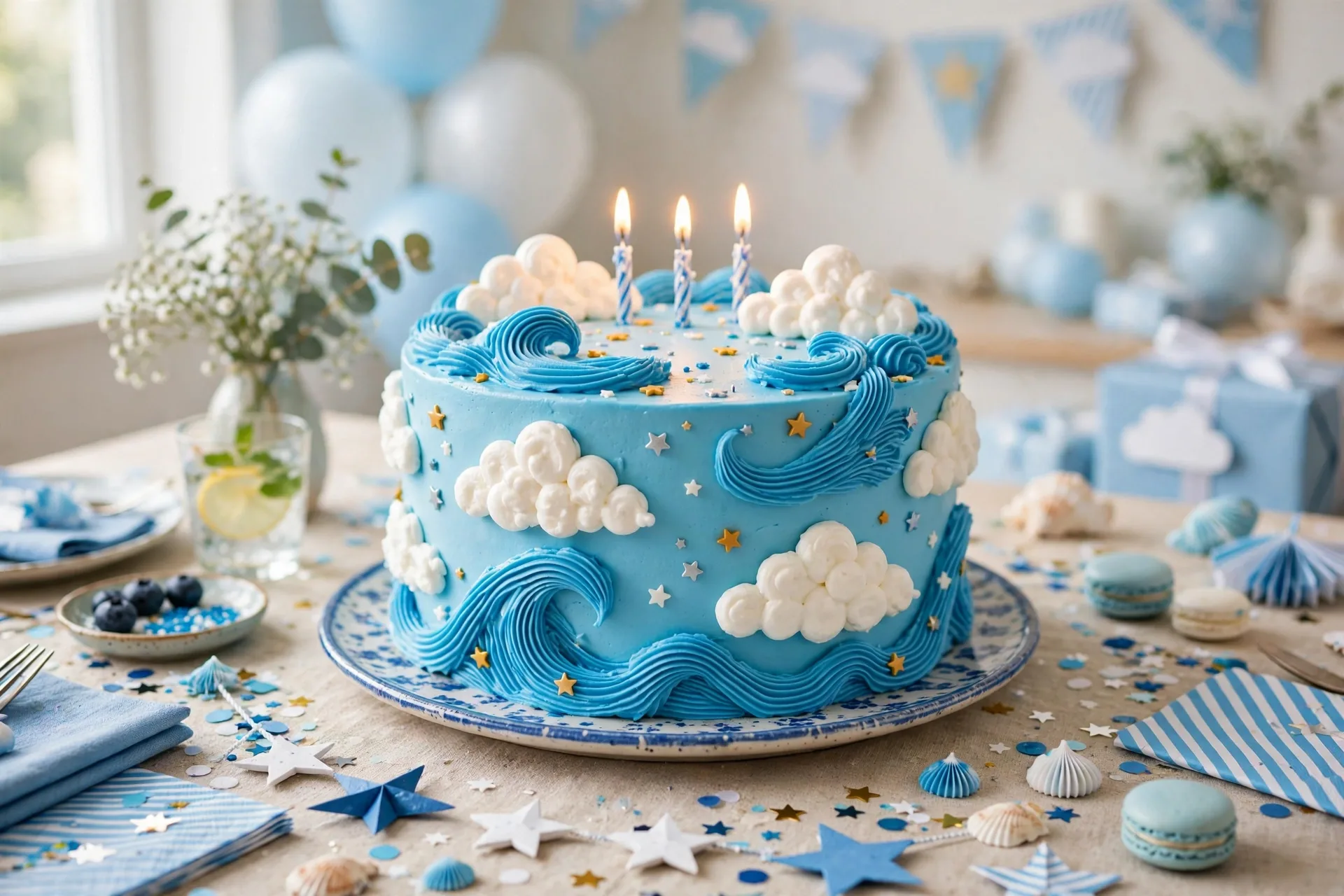 A sky blue birthday cake with white cloud decorations