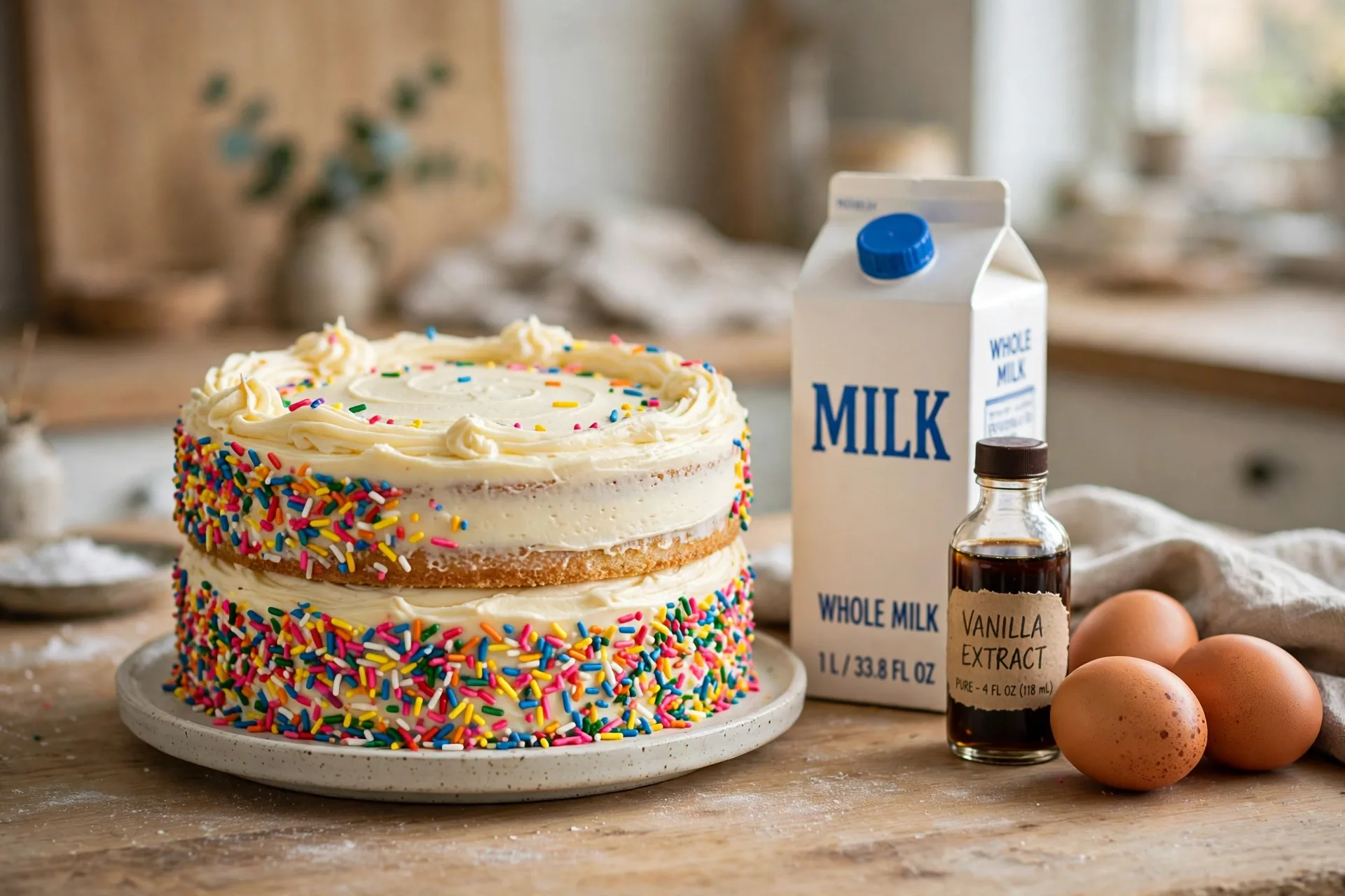 A two-layer buttercream cake with milk, an egg and vanilla beside it
