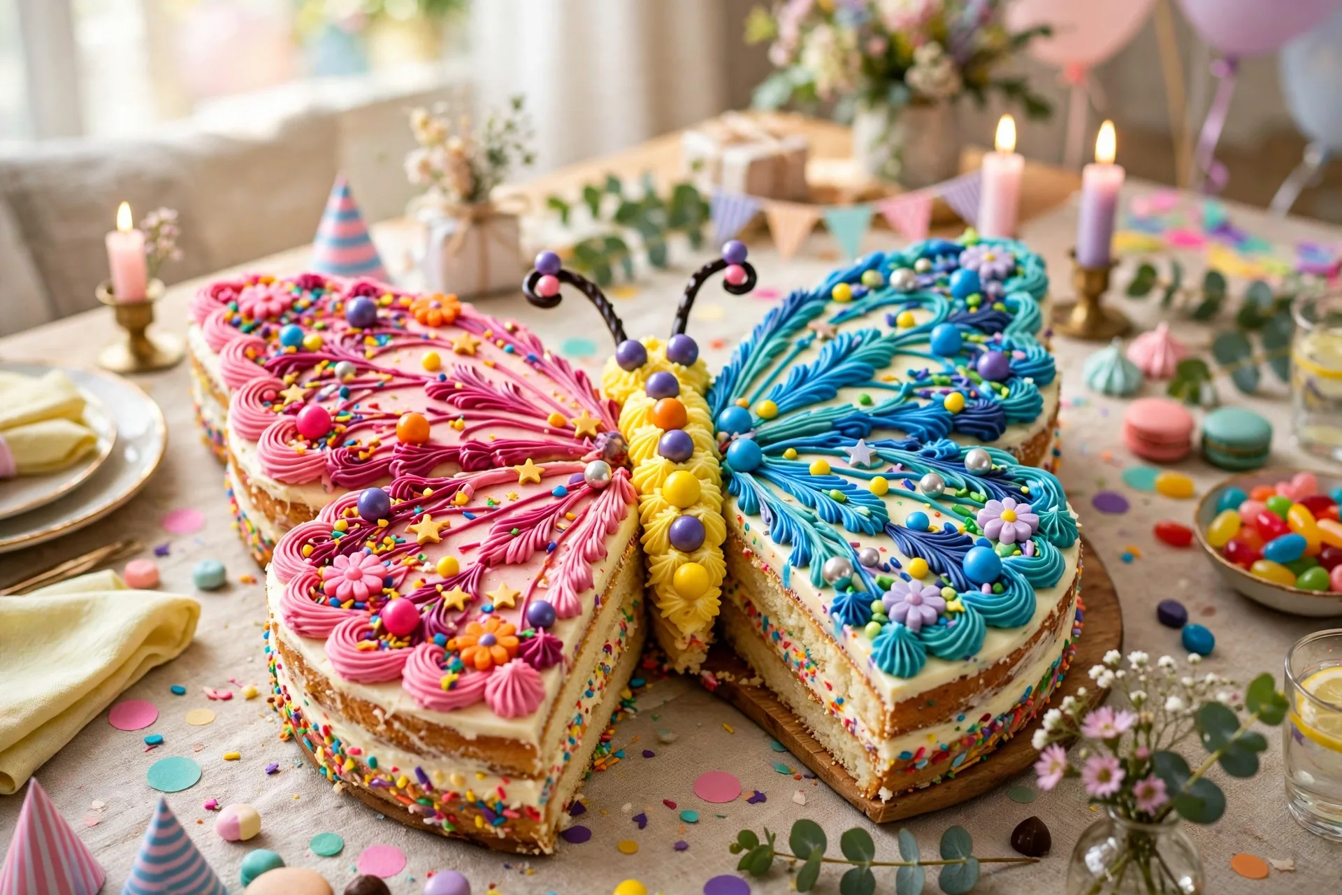 A butterfly cake made from a round cake cut in half with colorful wing patterns