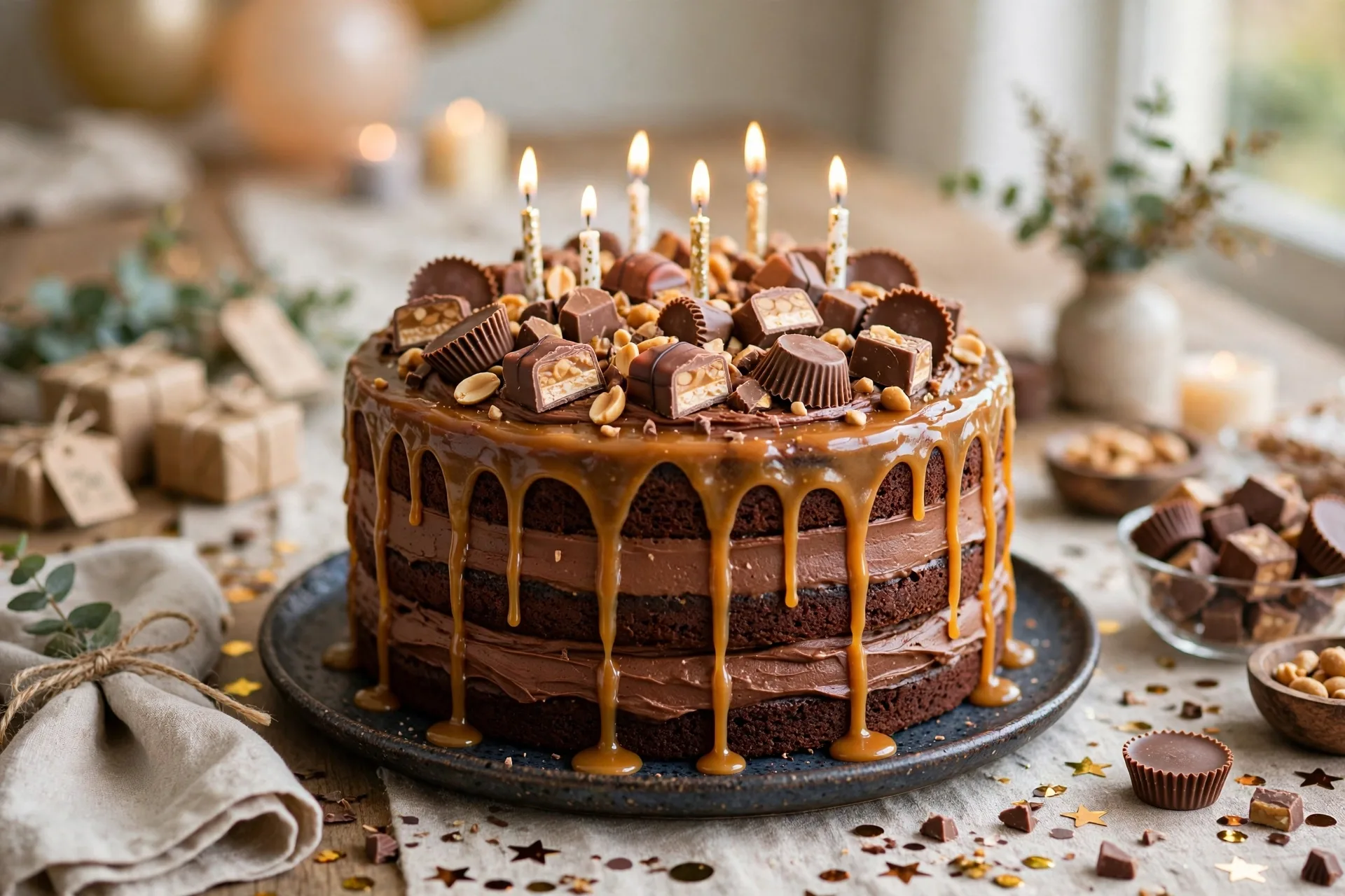 A chocolate layer cake topped with chopped candy bars and a caramel drizzle