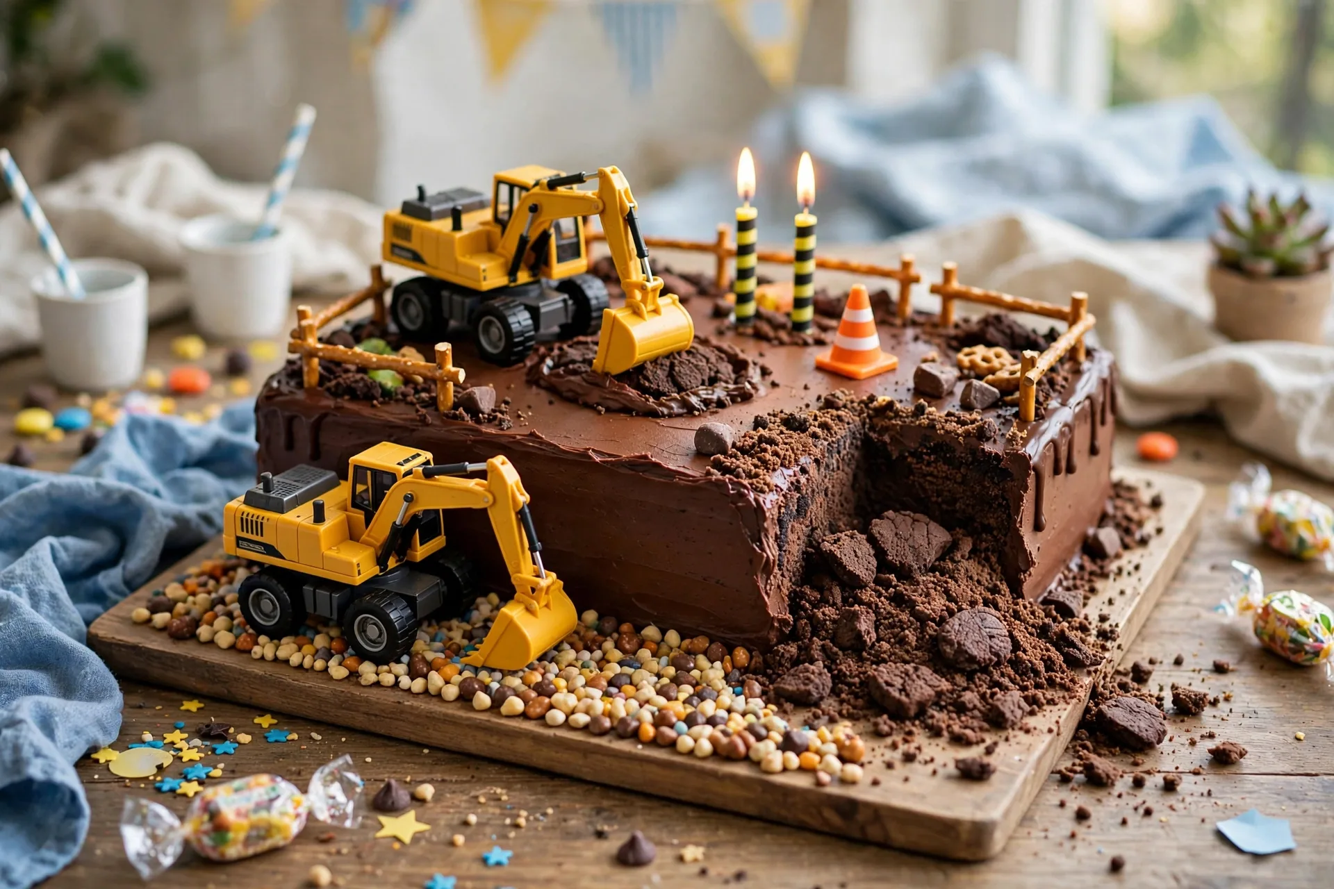 A construction birthday cake with chocolate frosting, toy diggers and cookie dirt