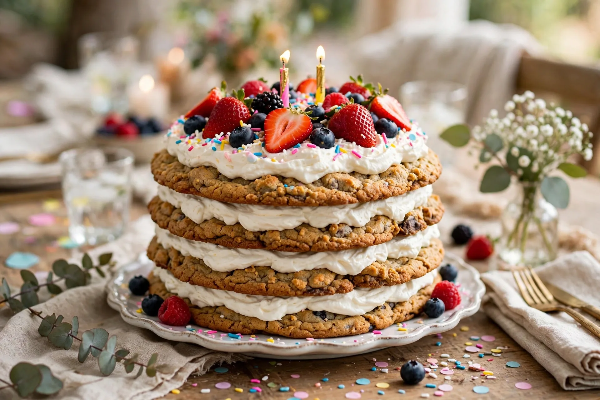 A rustic cookie stack cake layered with whipped cream and topped with berries
