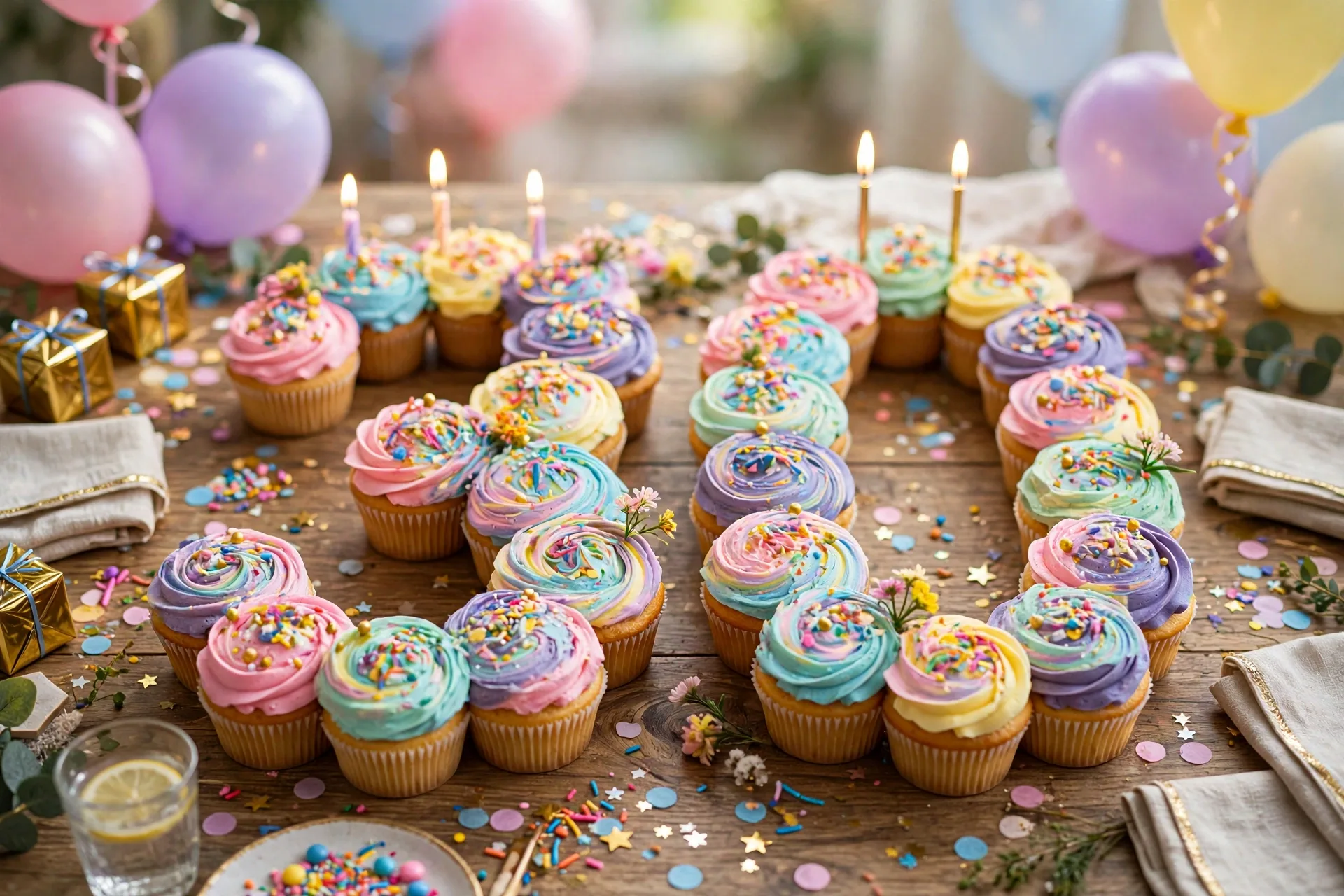 Cupcakes arranged in a number shape and frosted across the tops as one cake