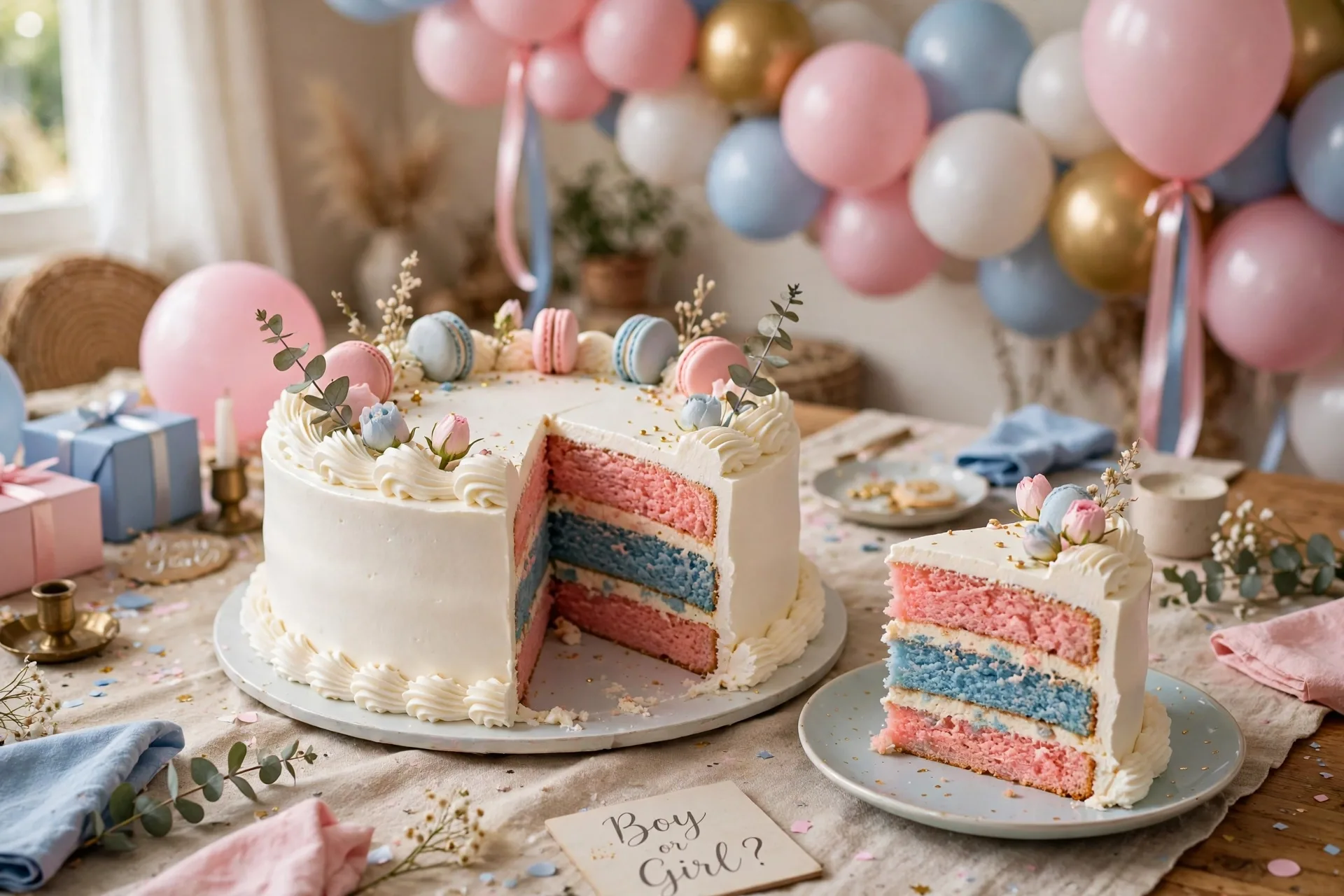 A gender reveal cake with white frosting outside and pink and blue layers inside