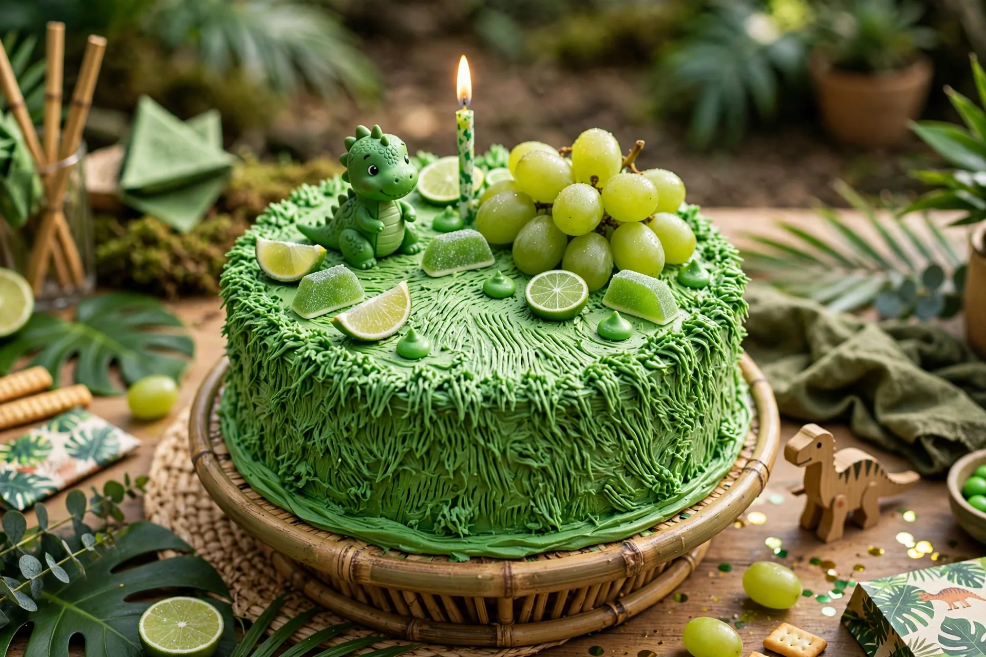 A dinosaur green birthday cake with lime candies and green grapes