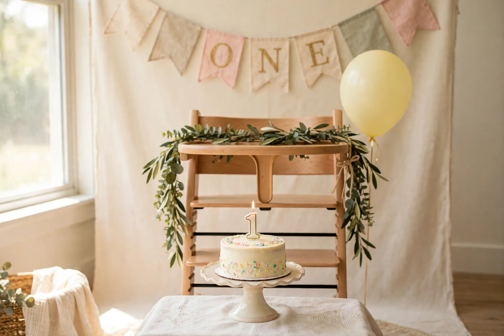 A small cake on a pretty stand in front of a decorated high chair