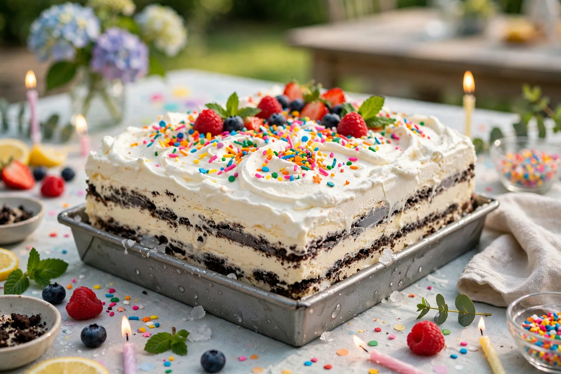 An ice cream layer cake with crushed cookie layers and whipped cream frosting