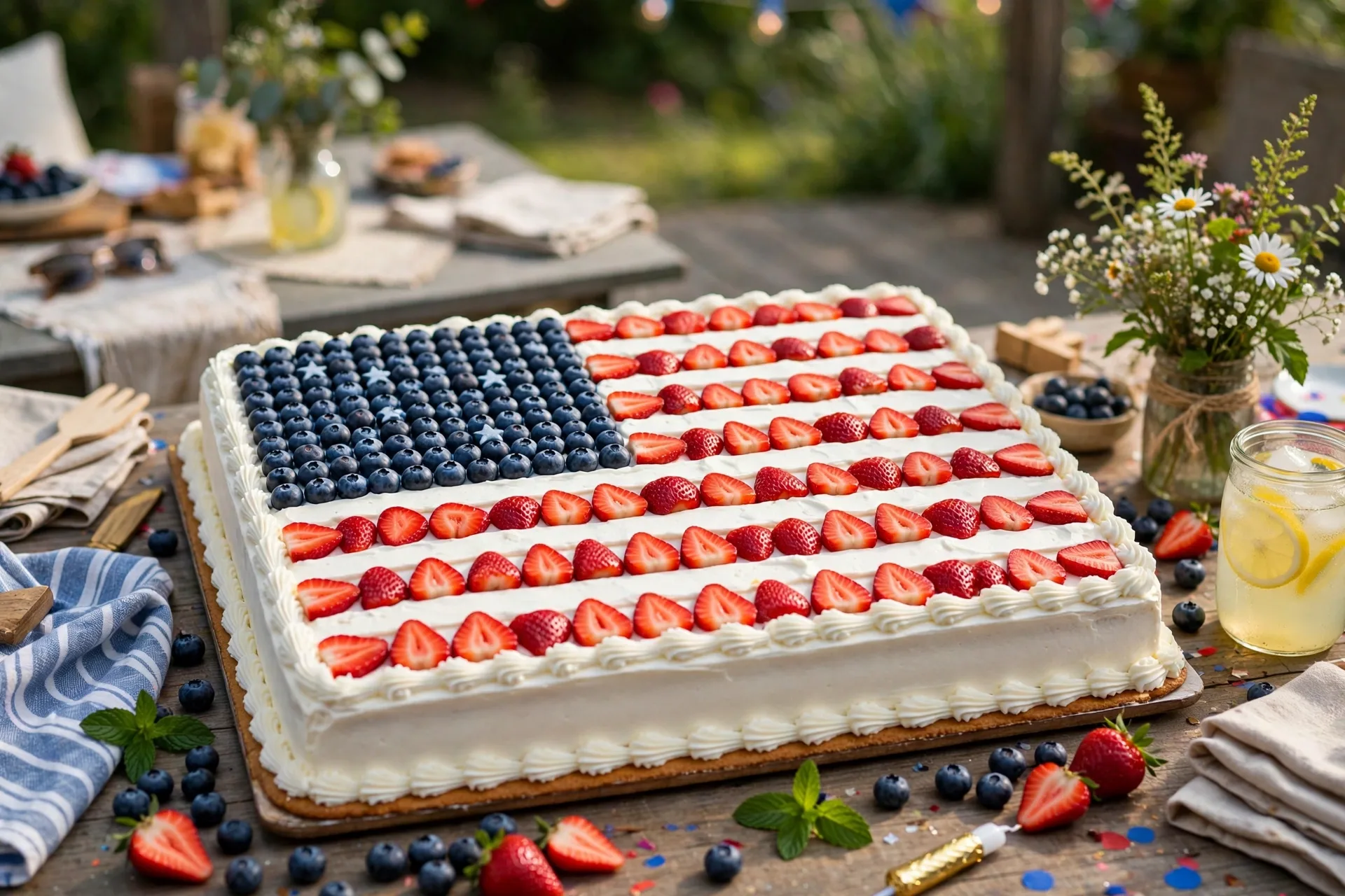 A Fourth of July sheet cake with blueberries and strawberries arranged as a flag