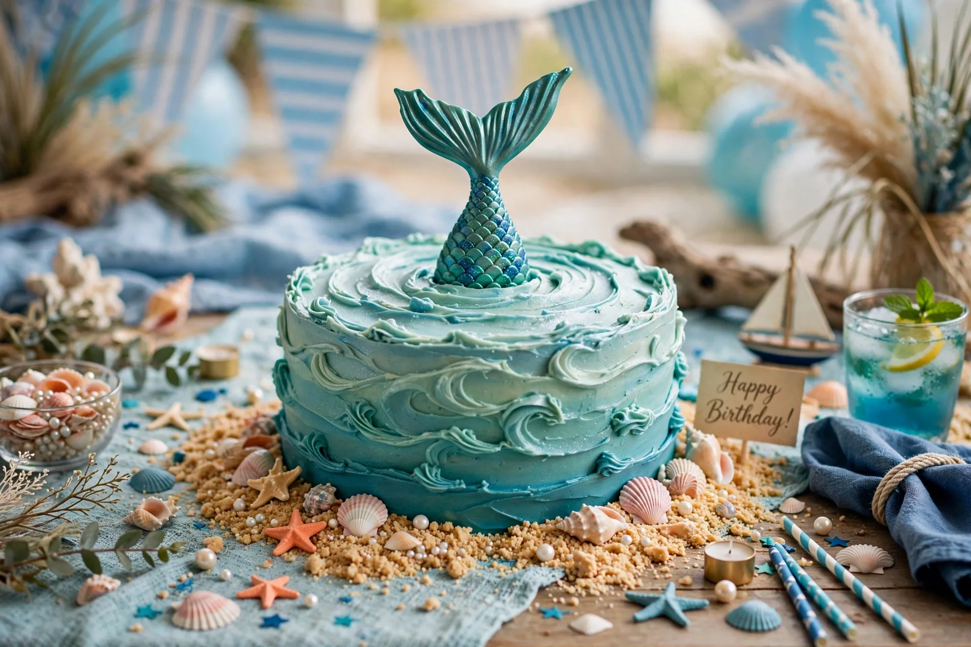 A mermaid birthday cake with ombre blue-green frosting and shell candies