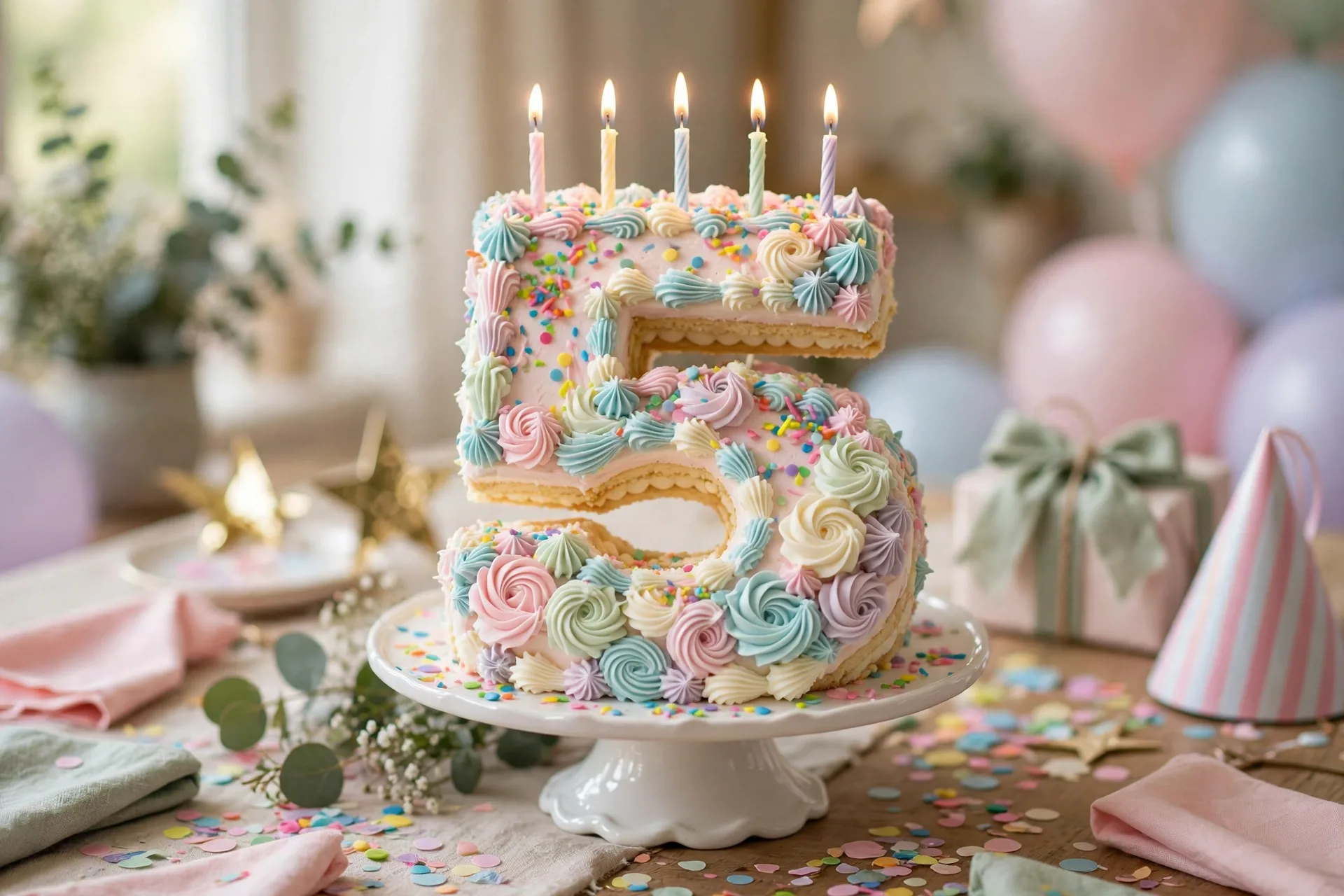 A number-shaped birthday cake frosted in pastel buttercream with sprinkles