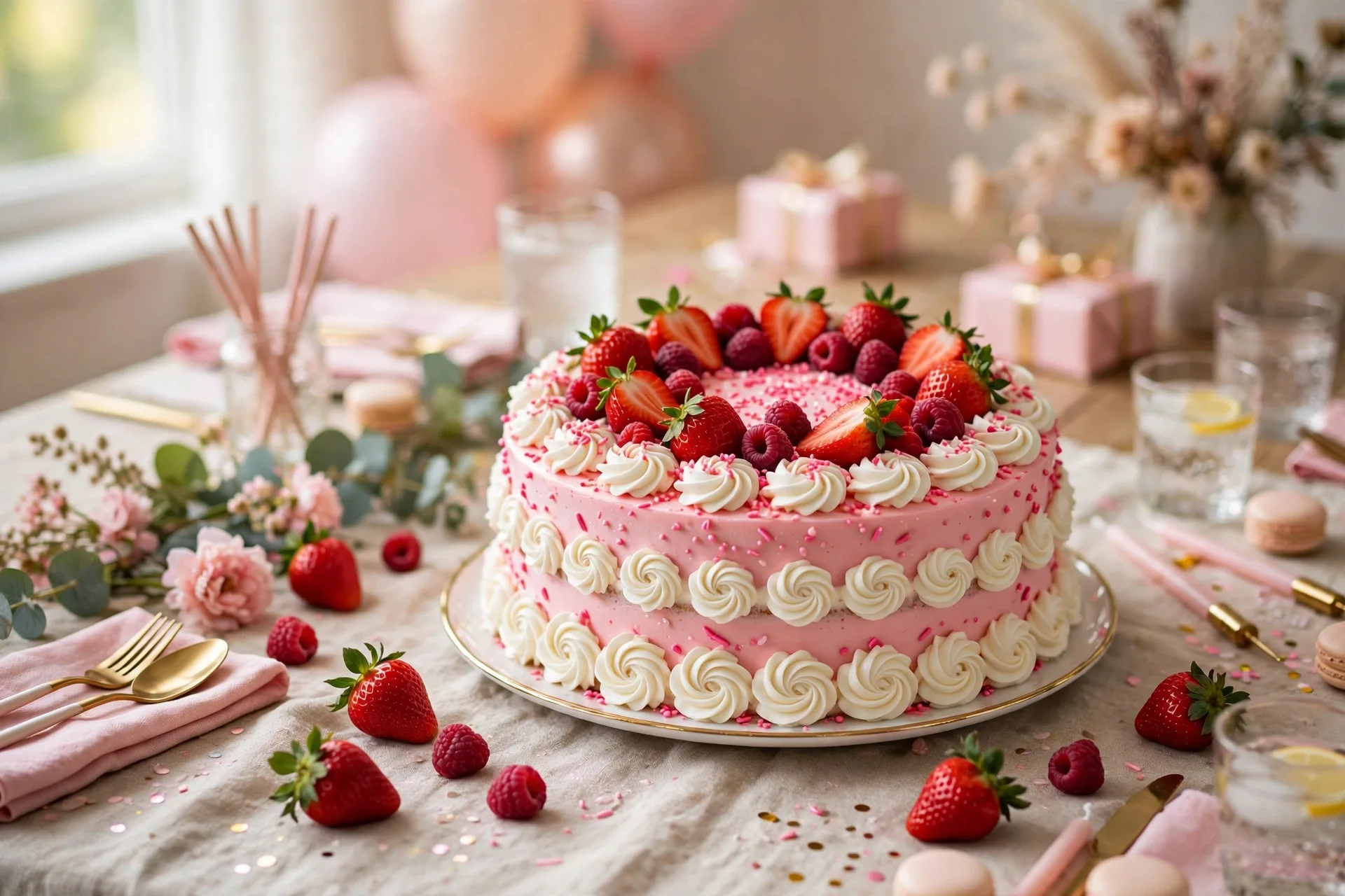 A pink birthday cake with pink frosting, strawberries and white rosettes