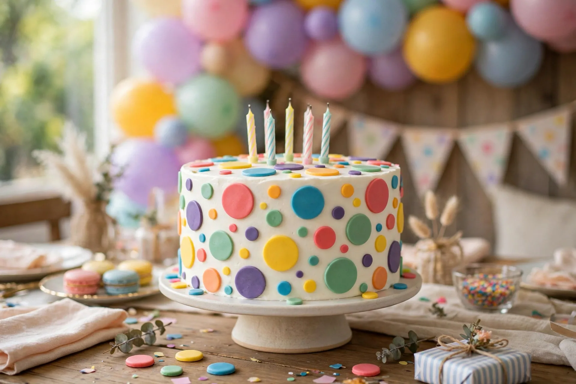 A cheerful polka dot birthday cake with colorful fondant circles