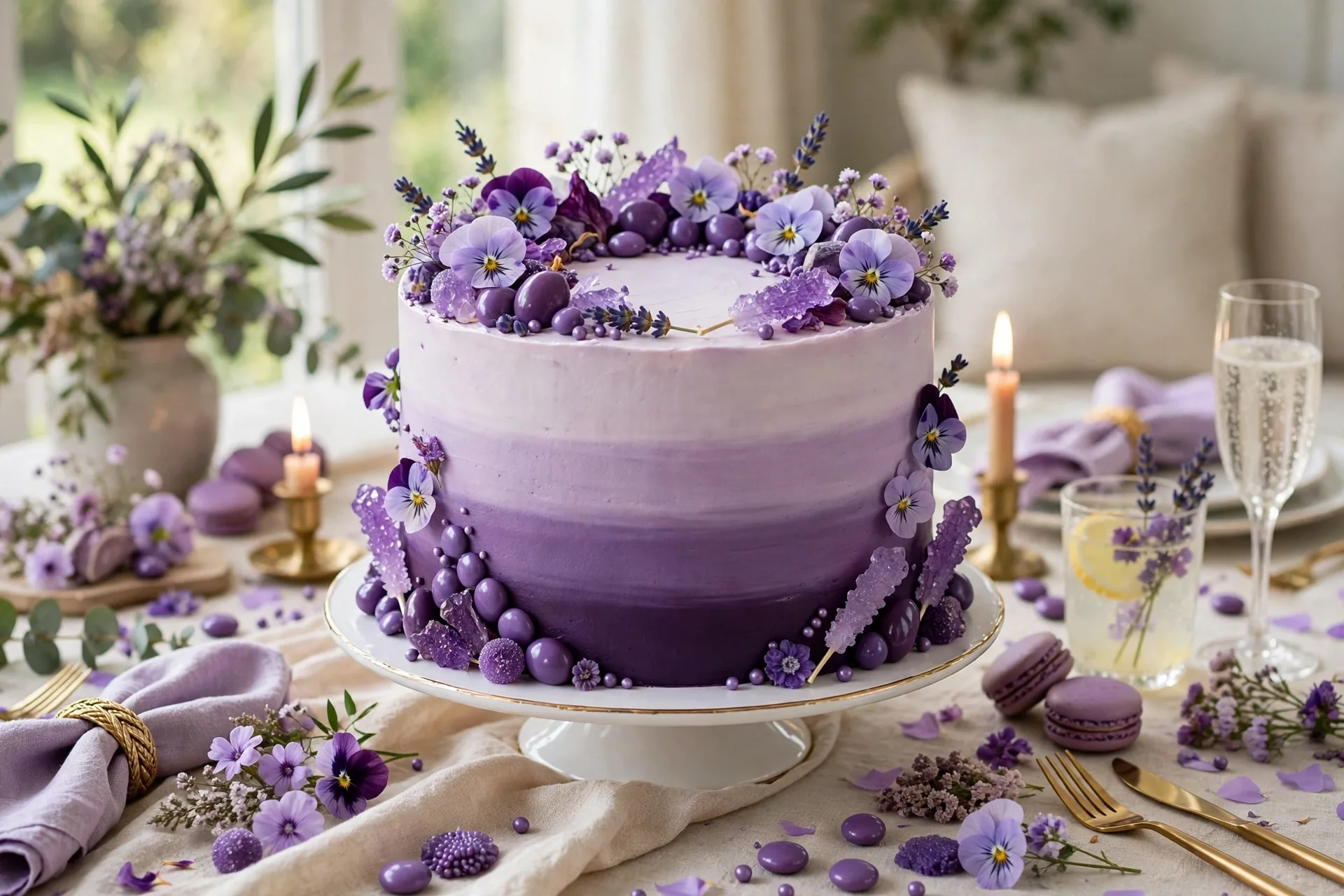 A lavender purple ombre birthday cake with edible flowers