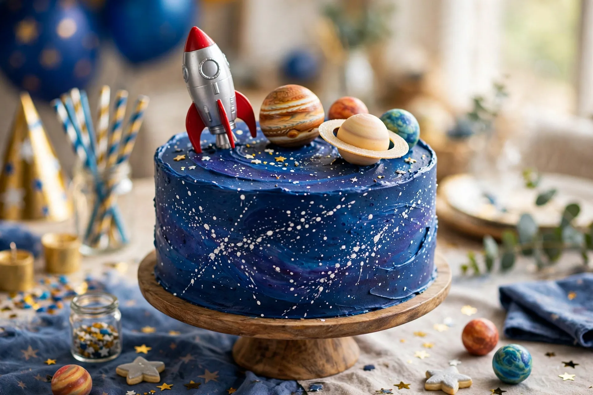 A space birthday cake with deep blue frosting, white stars and a toy rocket