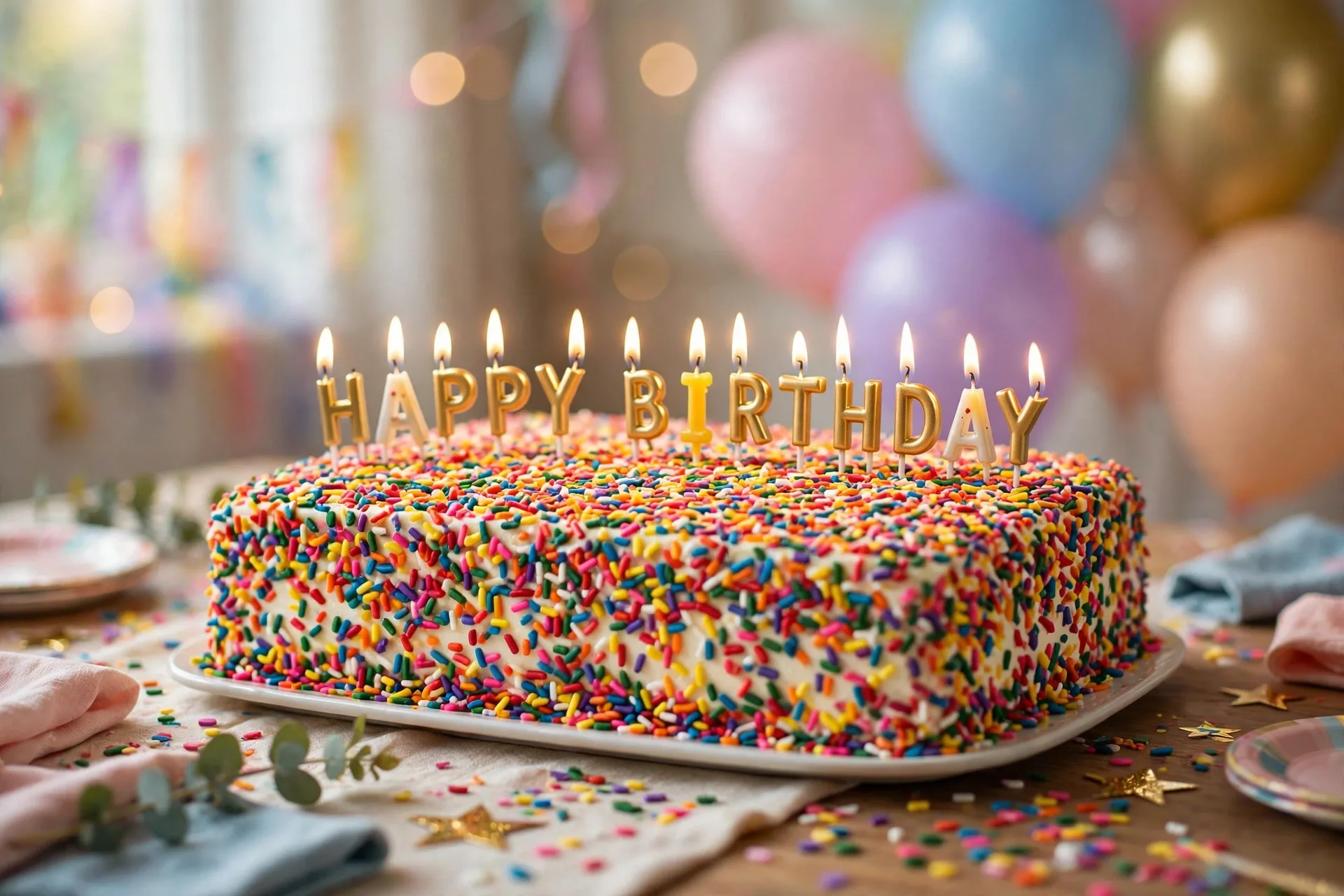 A sheet cake completely covered in rainbow sprinkles with letter candles
