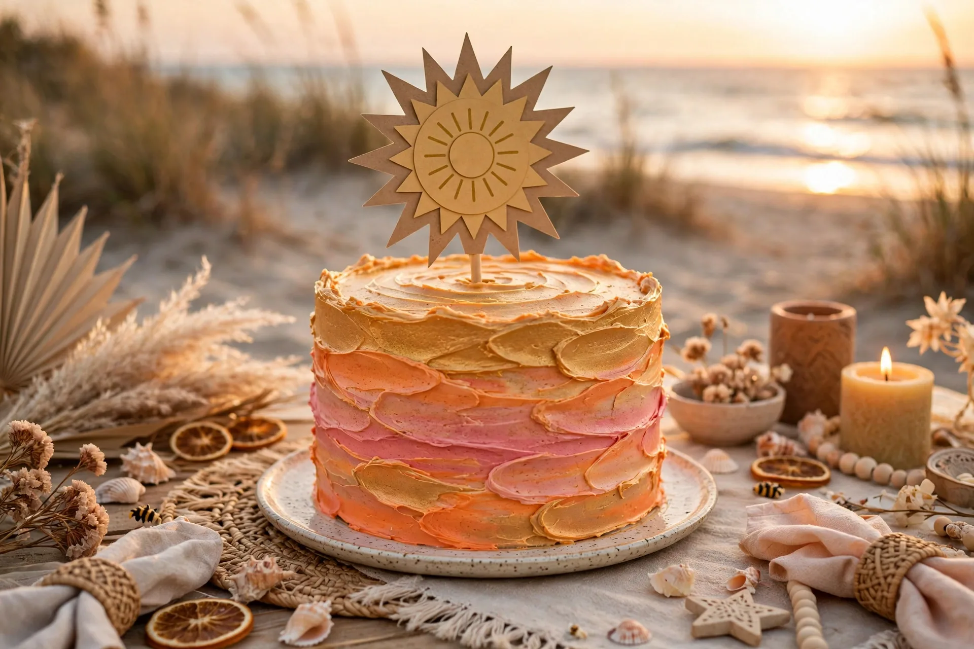 A sunset birthday cake with orange, pink and gold frosting bands