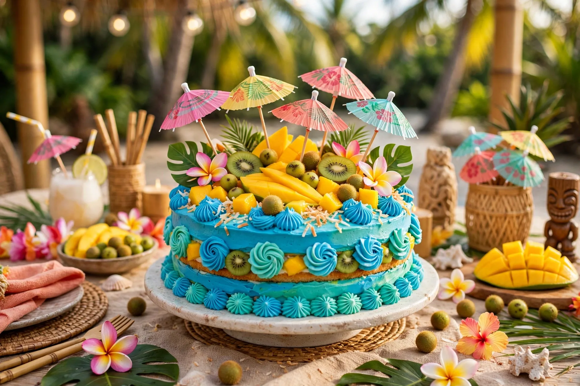 A tropical birthday cake with bright frosting, paper umbrellas and fresh fruit
