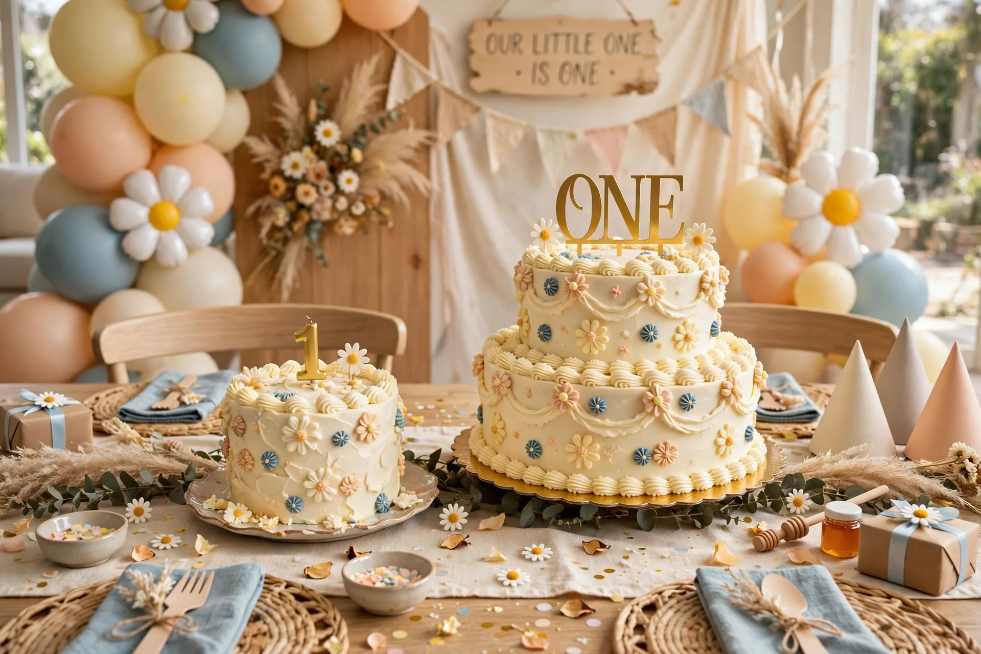 A matching pair of cakes, a tiny baby smash cake and a big guest cake