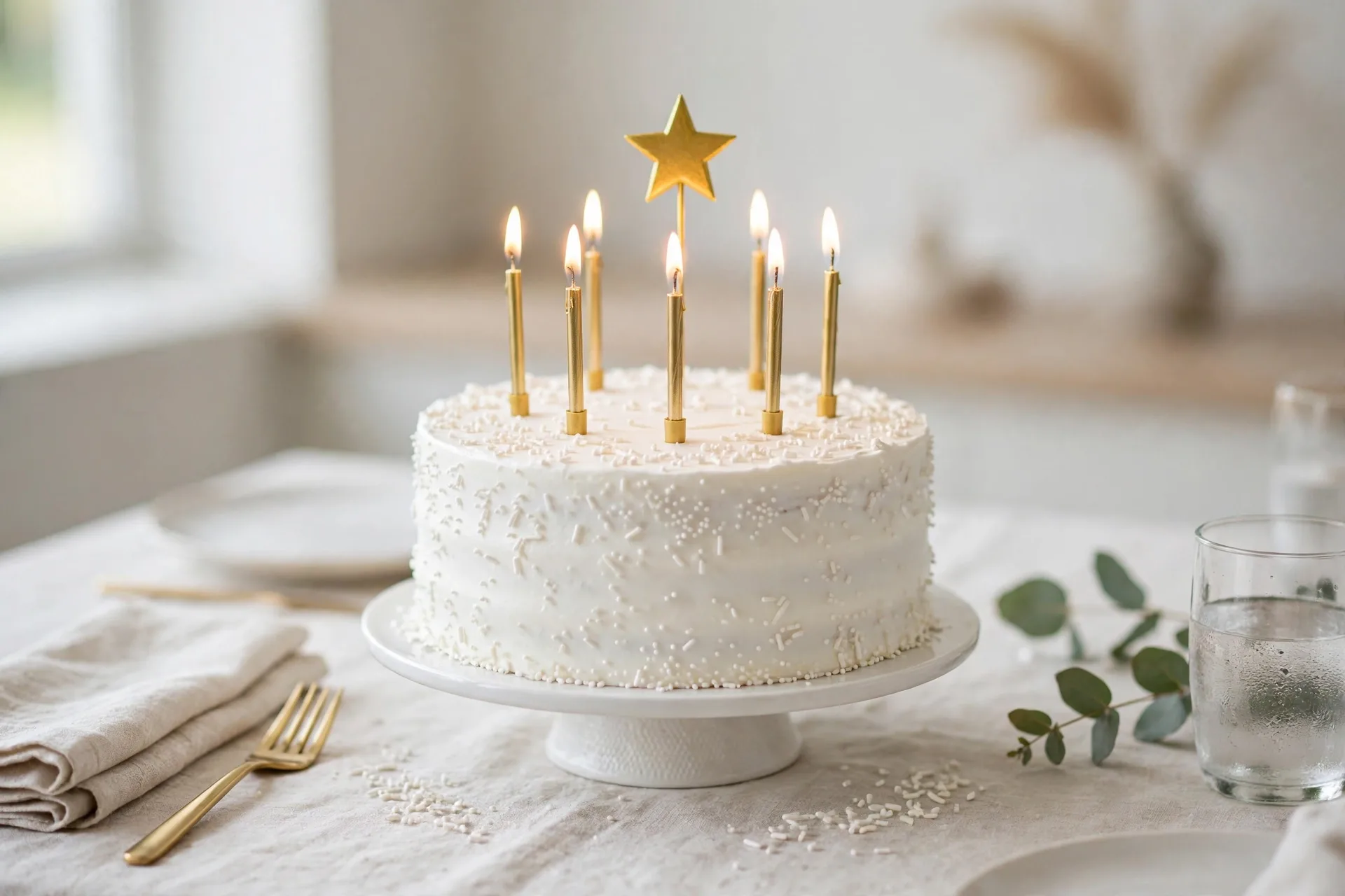 An all-white birthday cake with gold candles and one bright topper