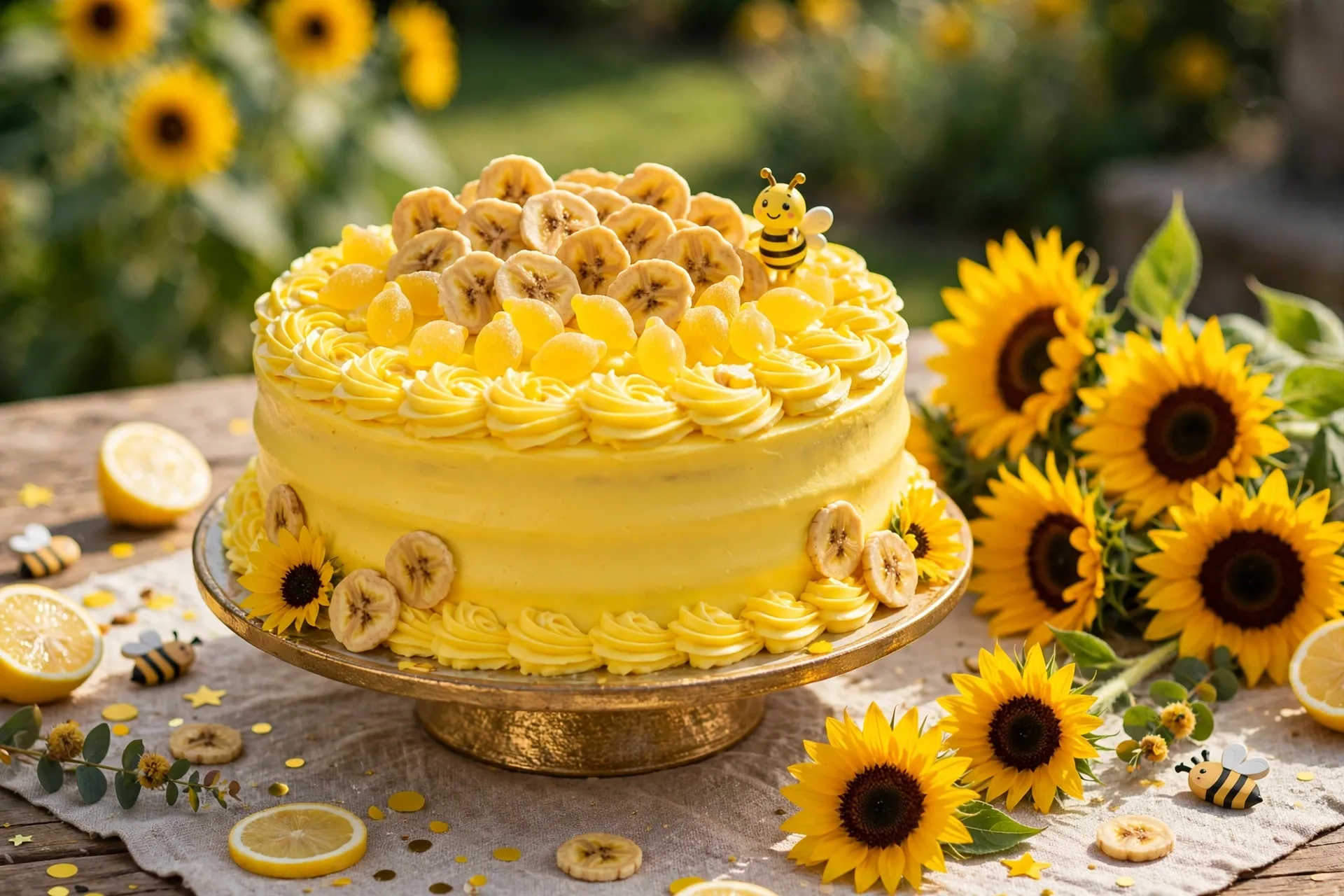 A sunshine yellow birthday cake with lemon candies and banana chips