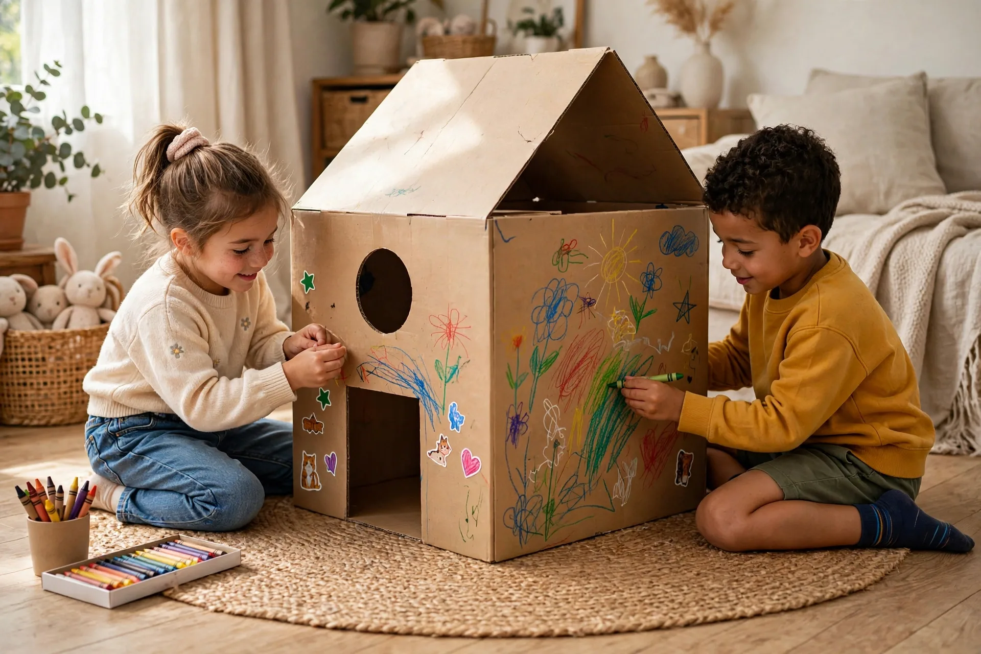 Two young kids decorating a huge cardboard box playhouse with crayons and stickers