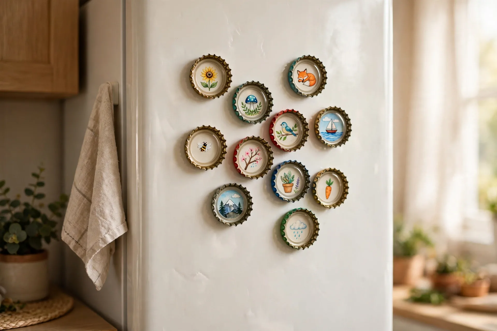 Colorful bottle cap magnets with tiny drawings inside displayed on a fridge door