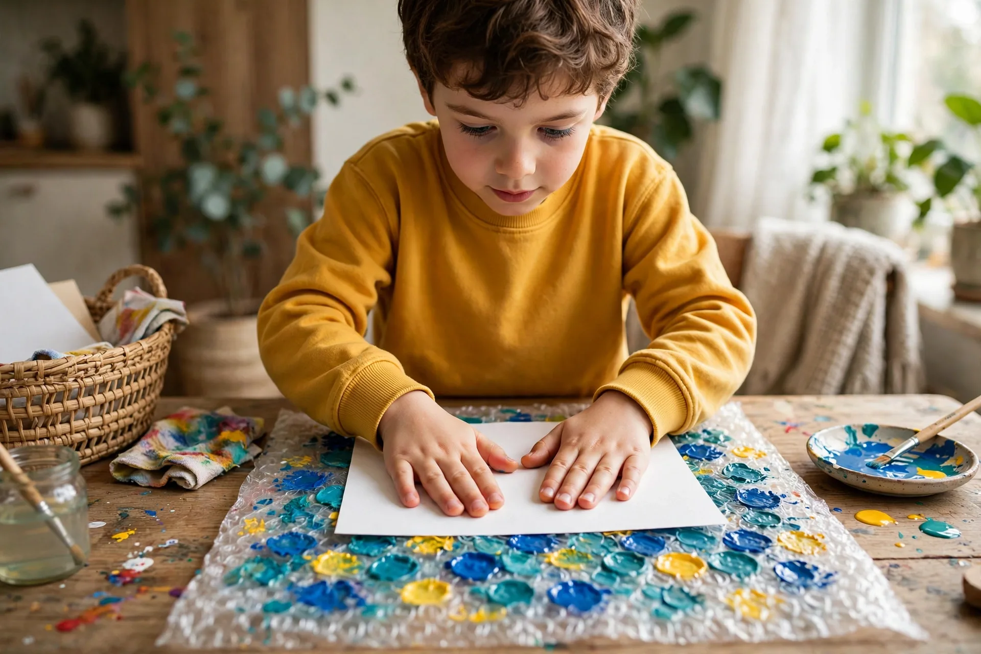A child pressing paper onto painted bubble wrap to make a polka dot print