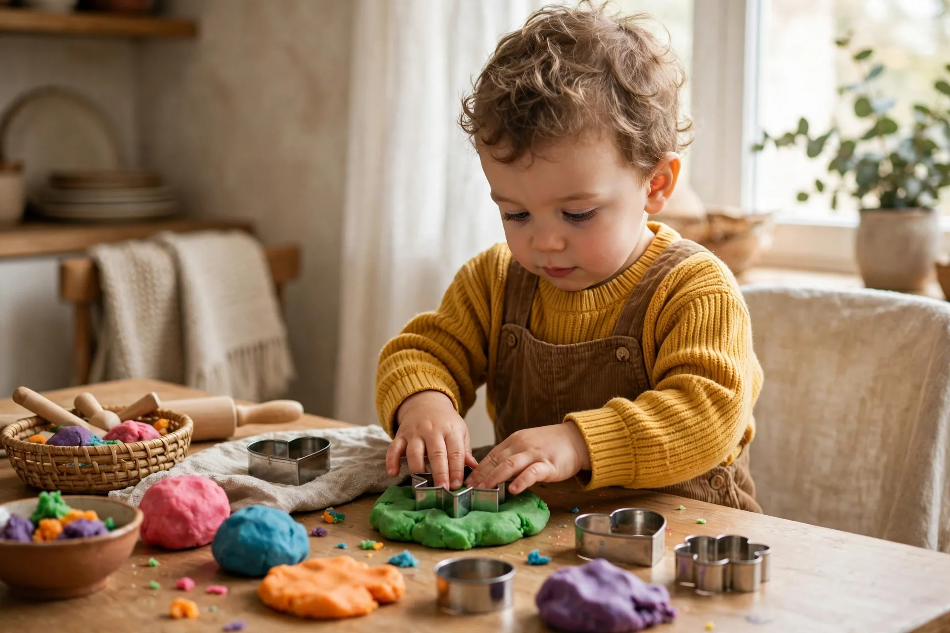 A toddler pressing cookie cutters into colorful playdough at a table