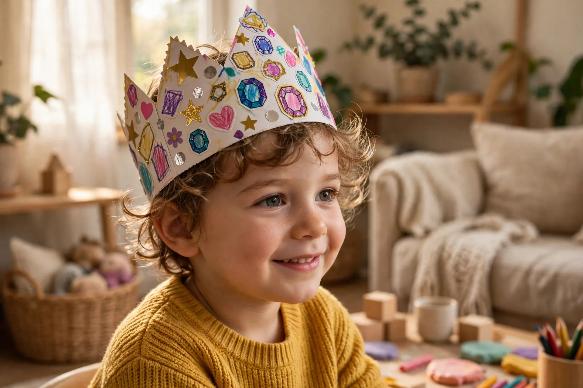 A preschooler wearing a decorated paper crown covered in stickers and drawn jewels