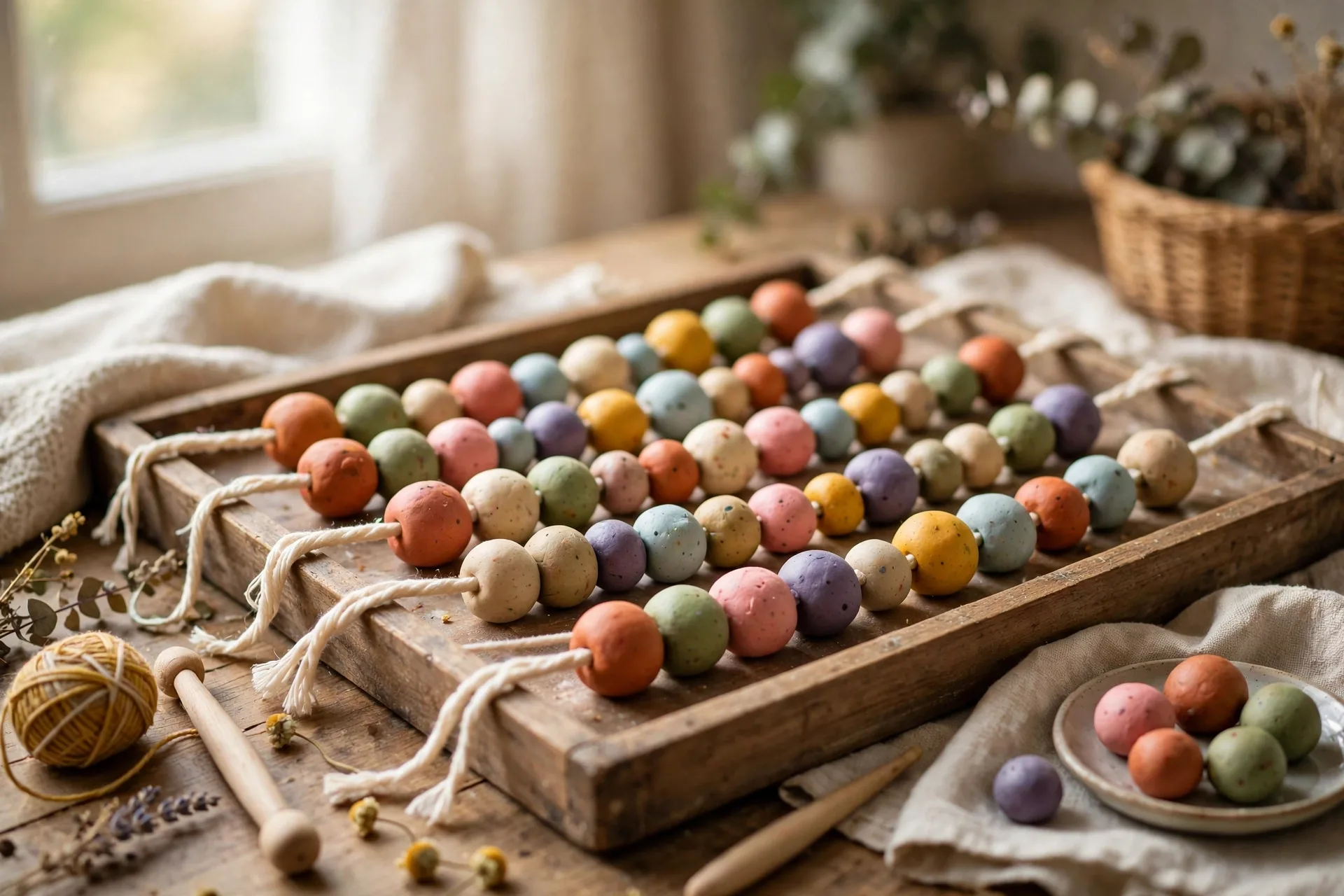 Colorful handmade dough beads threaded on yarn drying on a tray after a crafting session