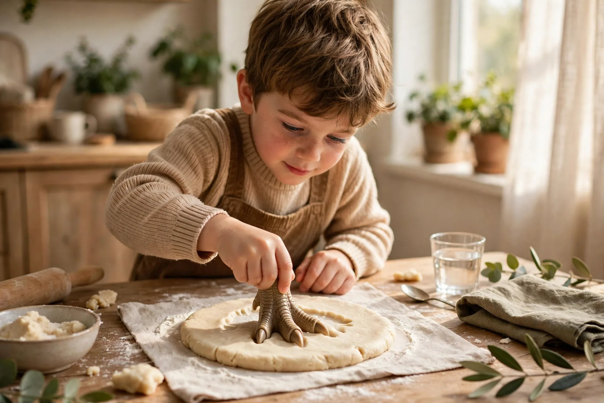 A child pressing a toy dinosaur foot into salt dough to make a fossil imprint