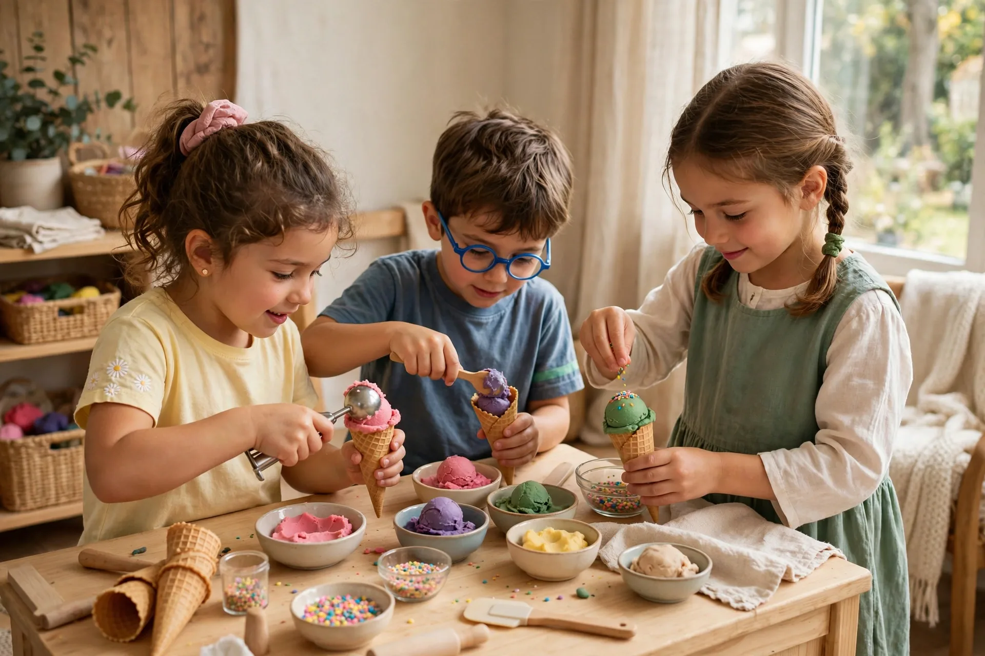Kids scooping playdough ice cream into cones and adding dough sprinkles at a pretend shop